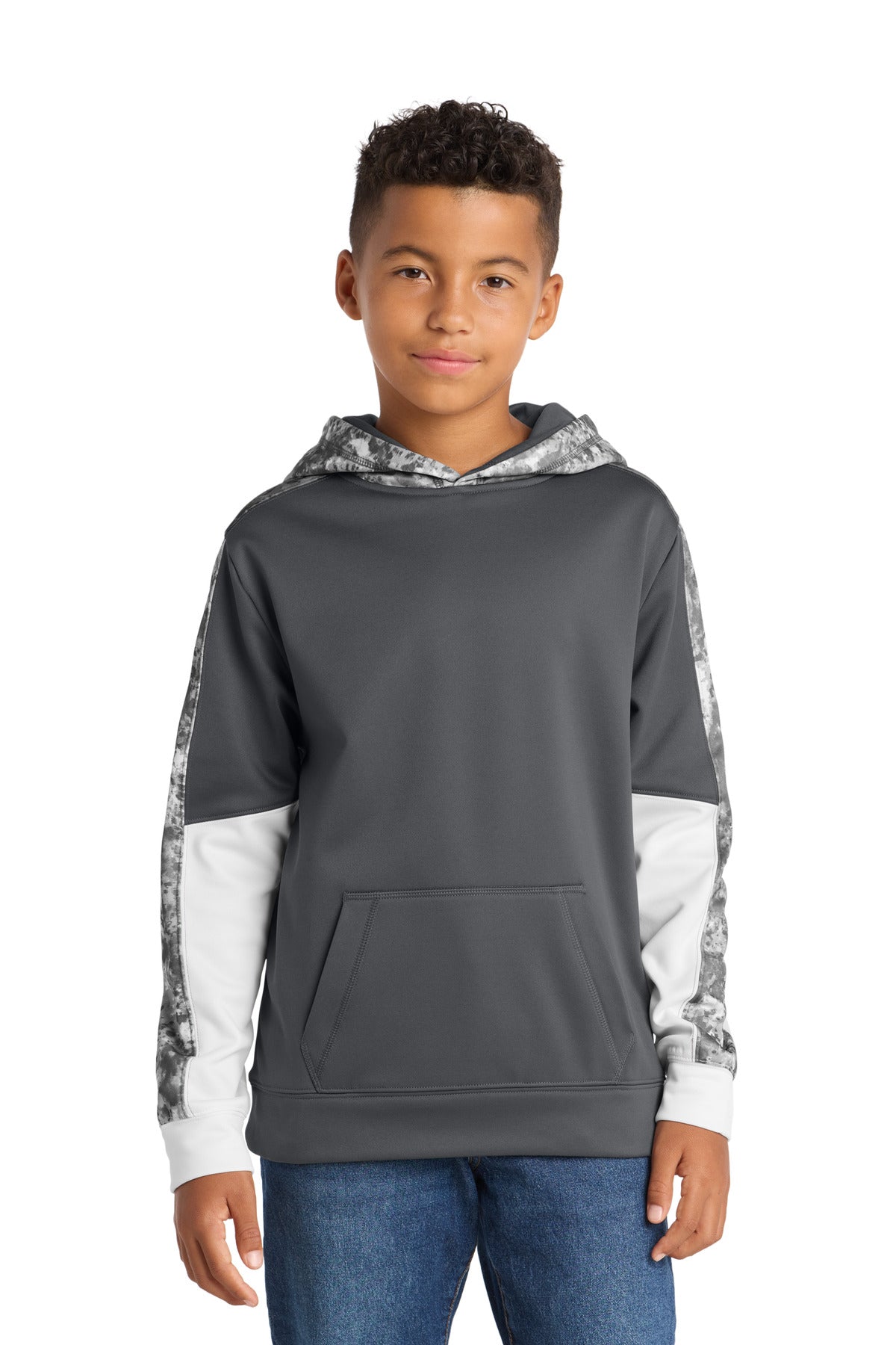 Front View of Dk Sm Gy/DS Gy Sport-Tek Youth Sport-Wick Mineral Freeze Fleece Colorblock Hooded Pullover. YST231