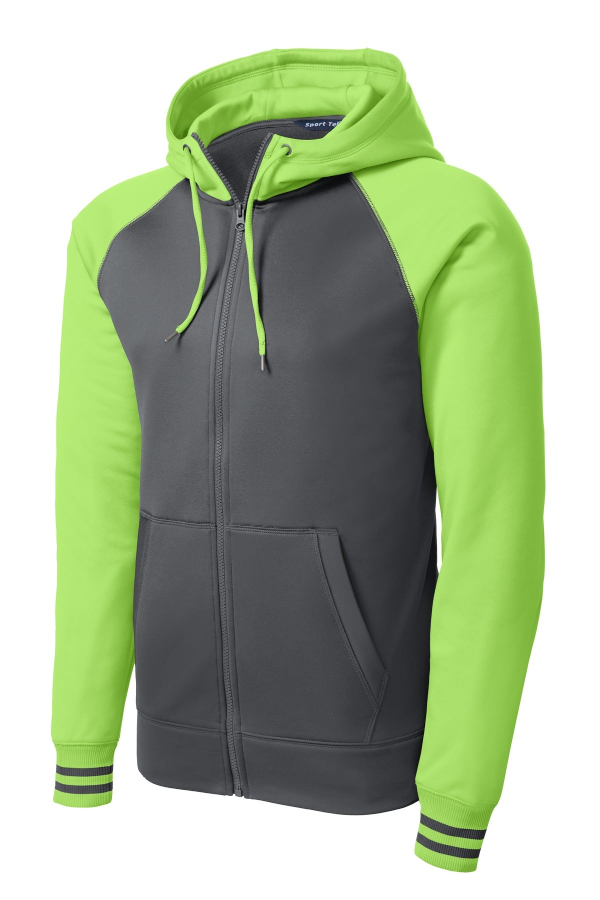 Front View of Dk Smk Gry/Lim Sport-Tek Sport-Wick Varsity Fleece Full-Zip Hooded Jacket. ST236