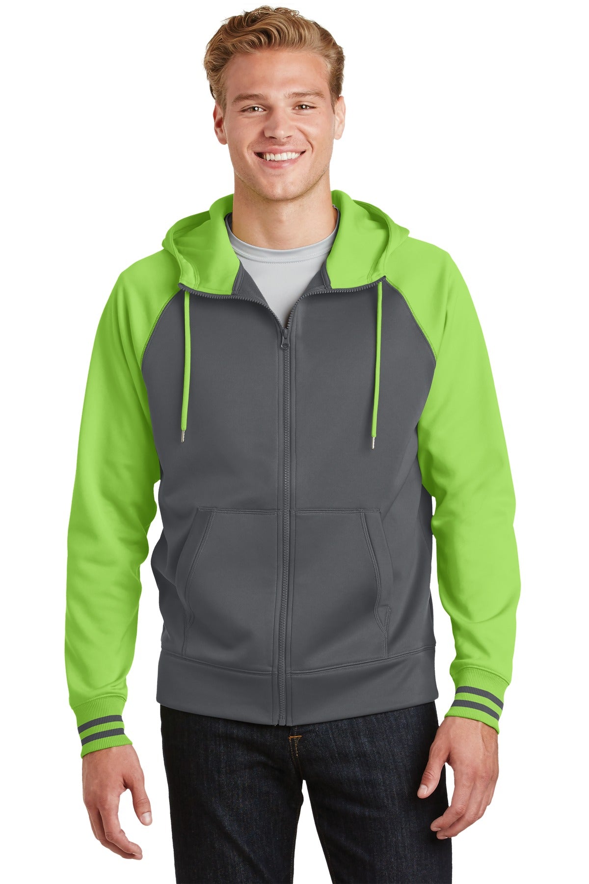 Front View of Dk Smk Gry/Lim Sport-Tek Sport-Wick Varsity Fleece Full-Zip Hooded Jacket. ST236