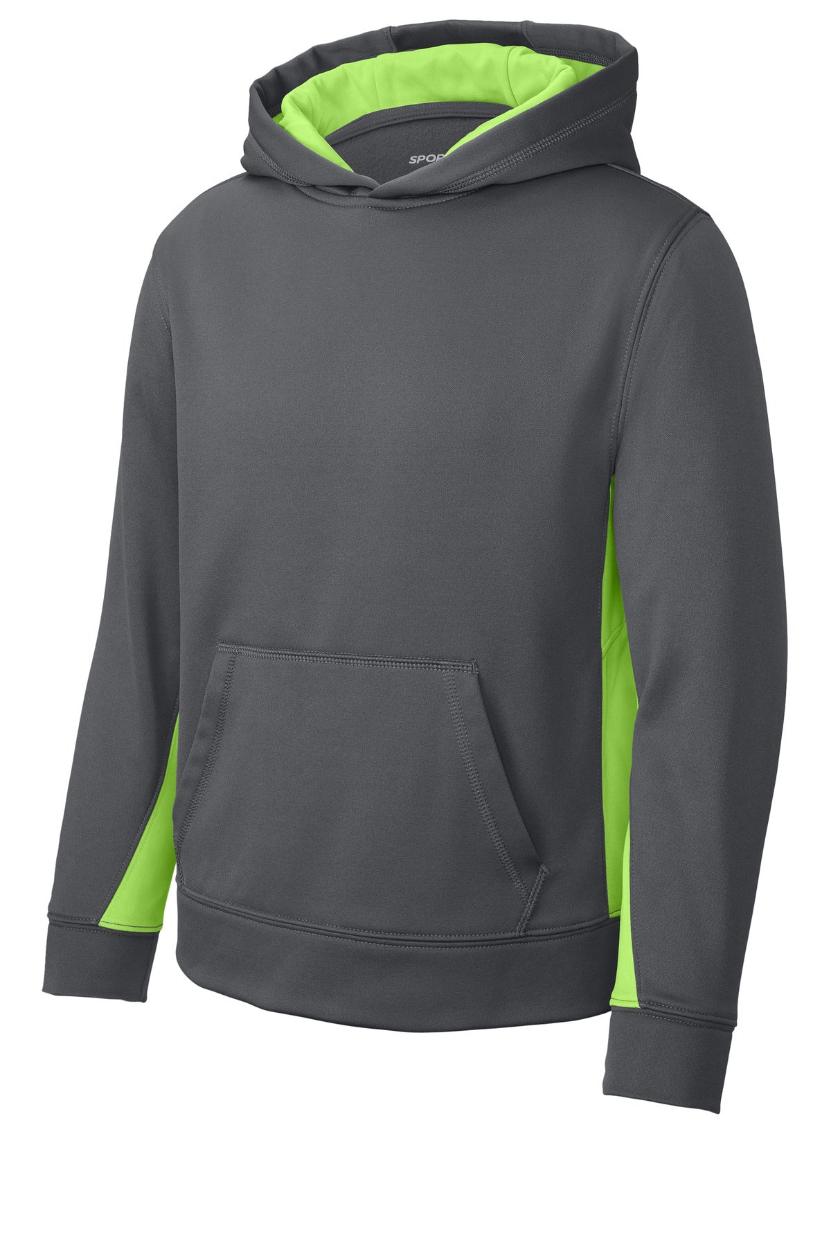 Front View of Dk Smk Gry/Lim Sport-Tek Youth Sport-Wick Fleece Colorblock Hooded Pullover. YST235