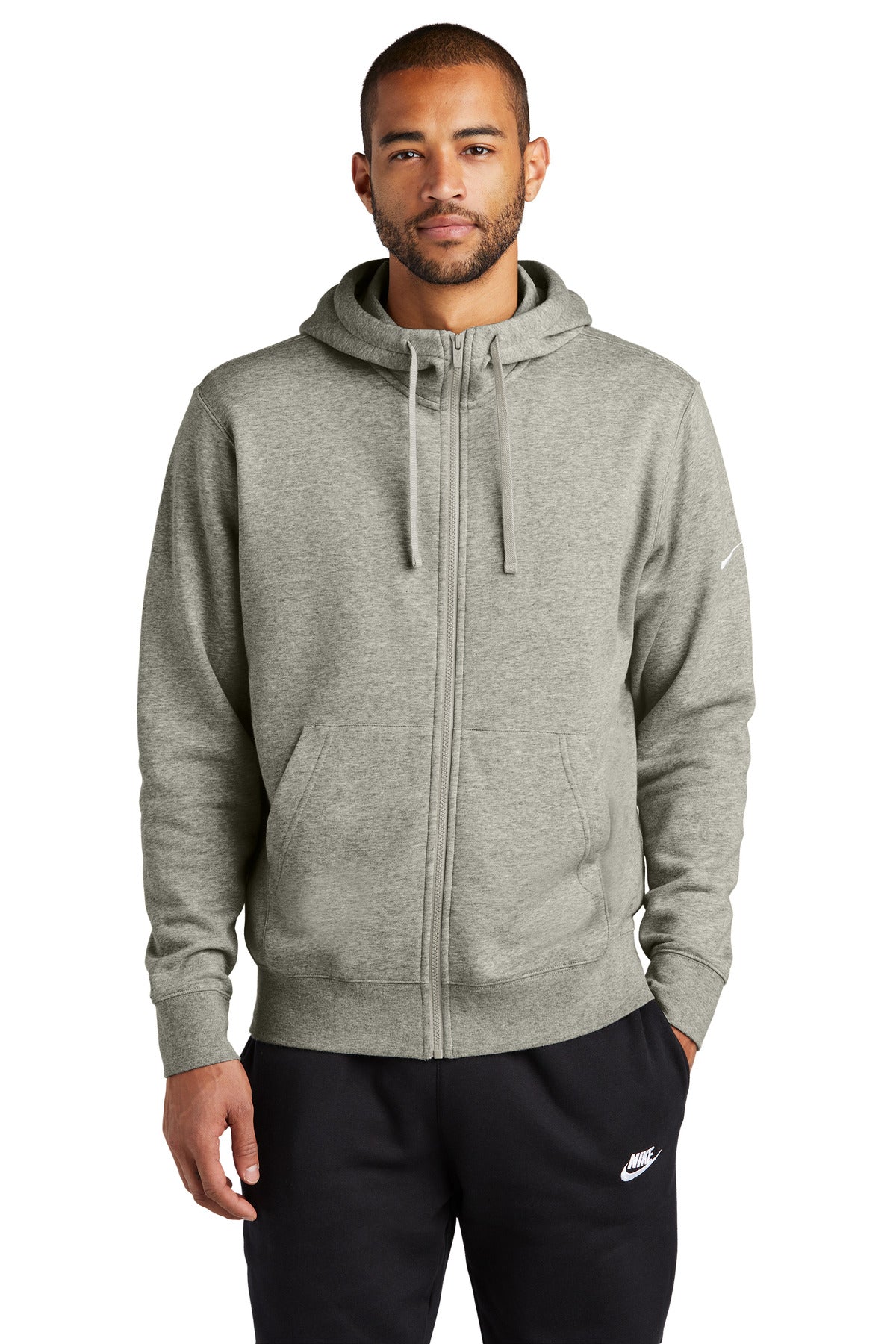 Front View of DkGyHthr Nike Club Fleece Sleeve Swoosh Full-Zip Hoodie NKDR1513
