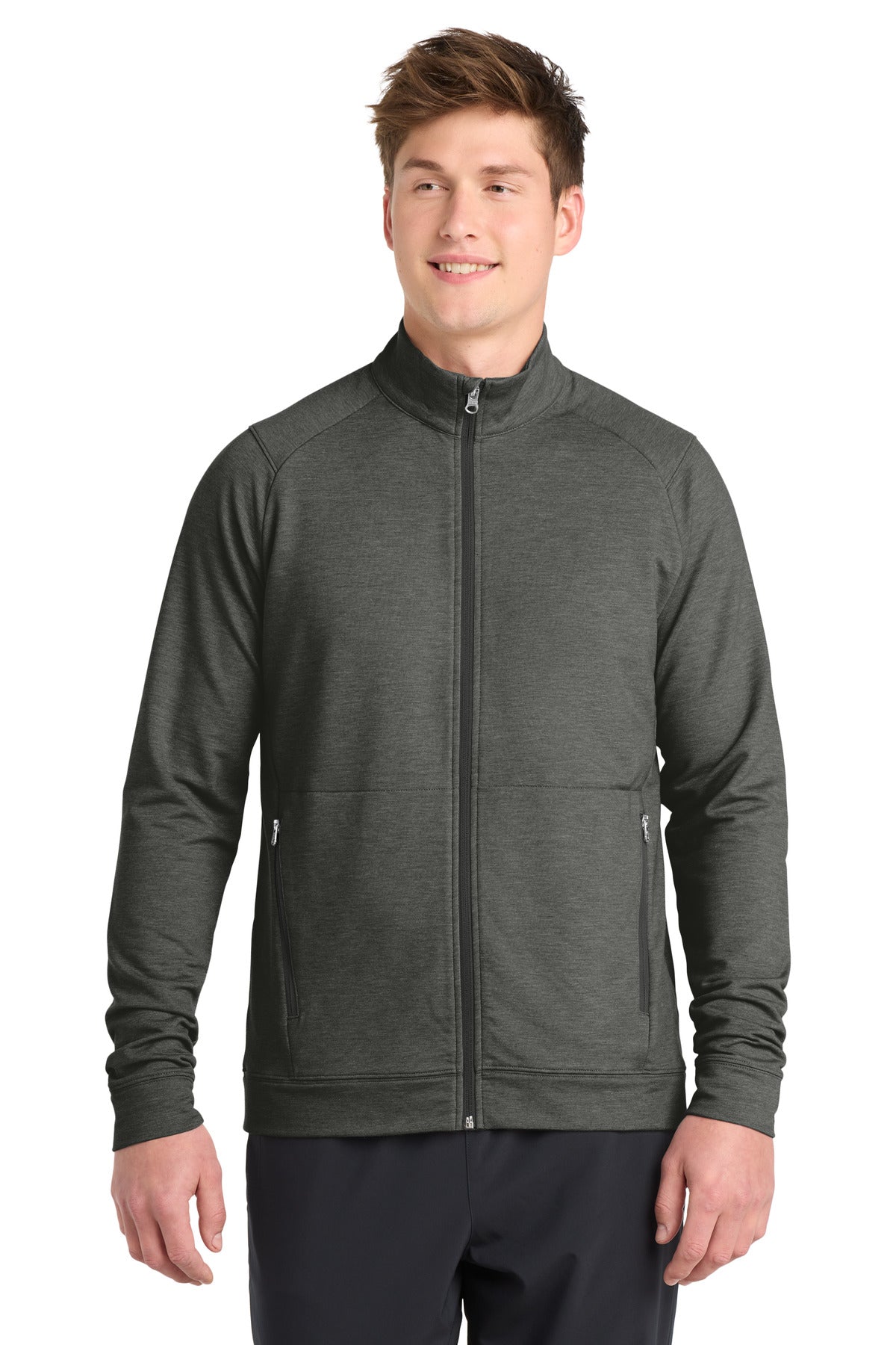 Front View of DkGyHthr Sport-Tek Sport-Wick Flex Fleece Full-Zip. ST560
