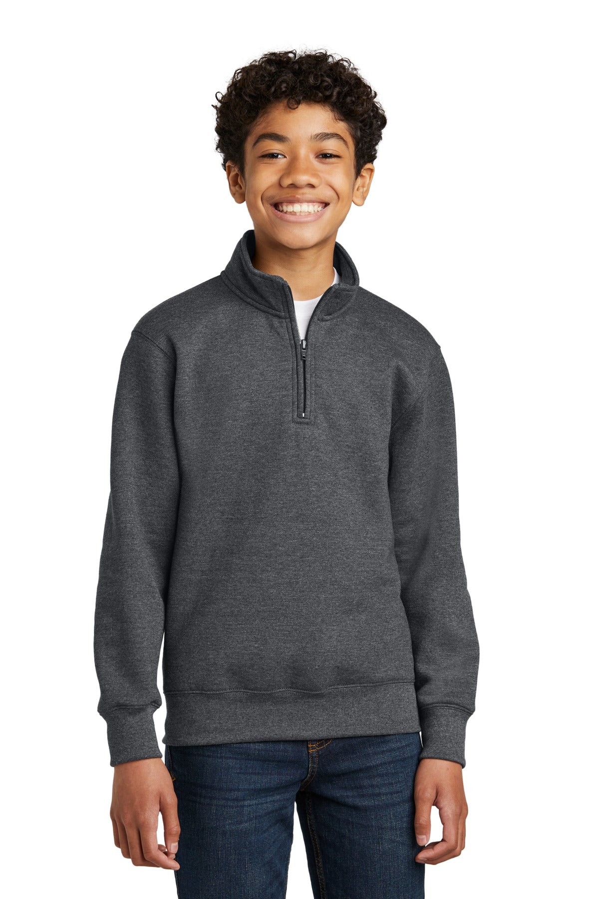 Front View of DkHtGry Port & Company Youth Core Fleece 1/4-Zip Pullover Sweatshirt PC78YQ