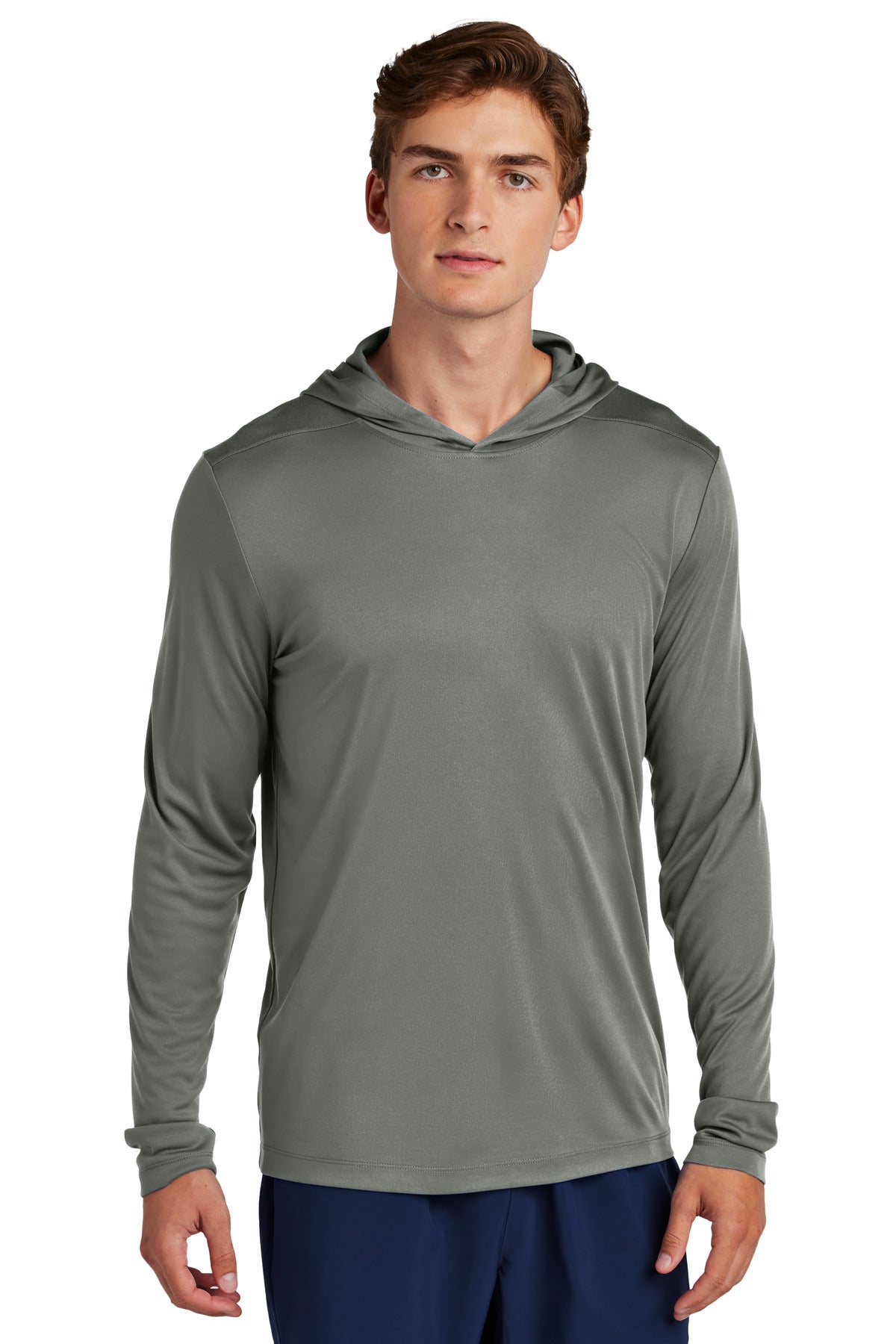 Front View of DkSmkGy Sport-Tek Posi-UV Pro Long Sleeve Hoodie ST420LSH
