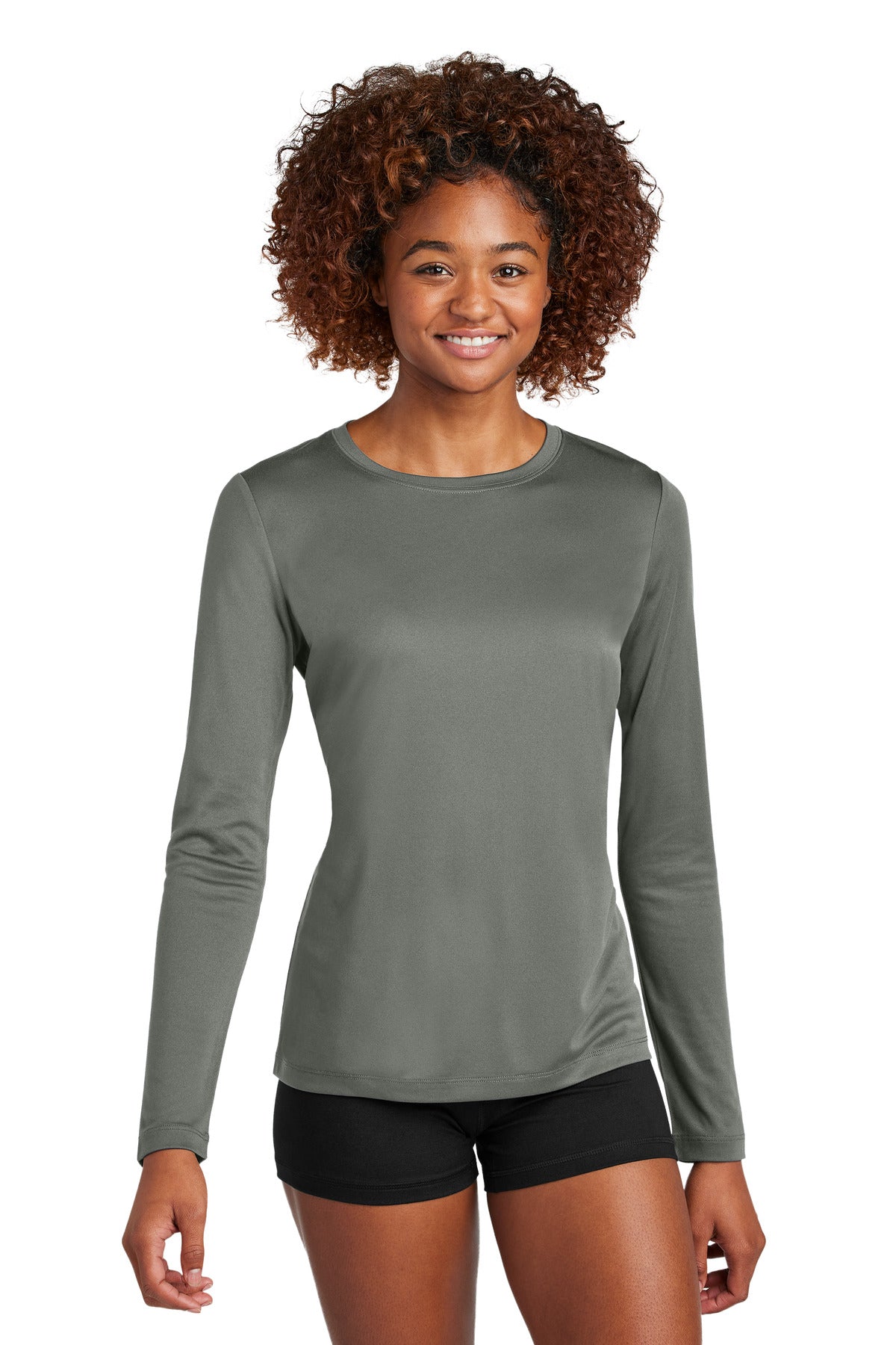 Front View of DkSmkGy Sport-Tek Women's Posi-UV Pro Long Sleeve LST420LS