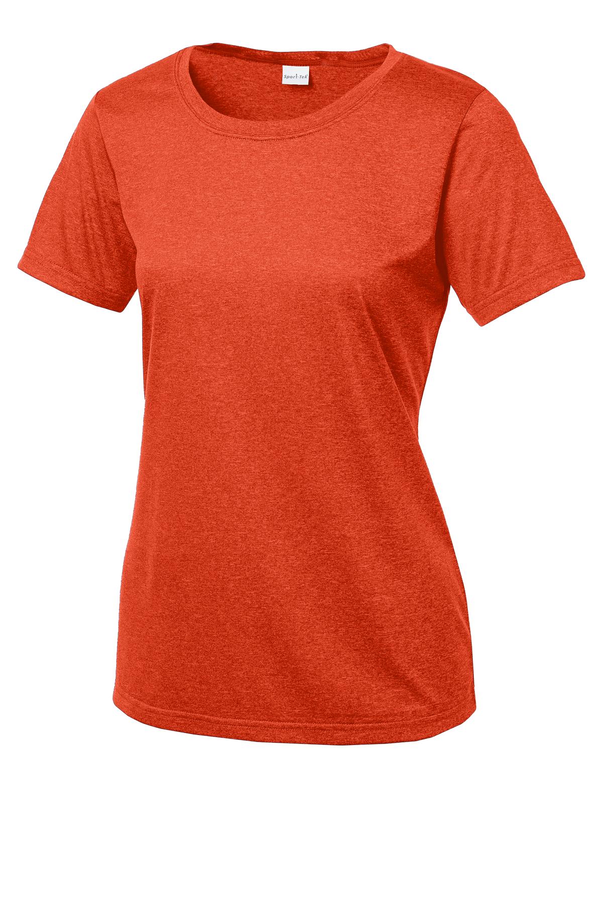 Front View of Dp Orange Hthr Sport-Tek Women's Heather Contender Scoop Neck Tee. LST360