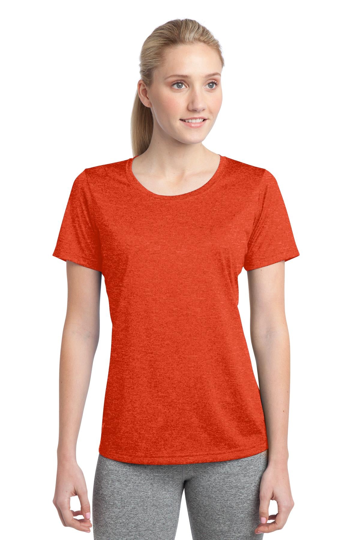 Front View of Dp Orange Hthr Sport-Tek Women's Heather Contender Scoop Neck Tee. LST360
