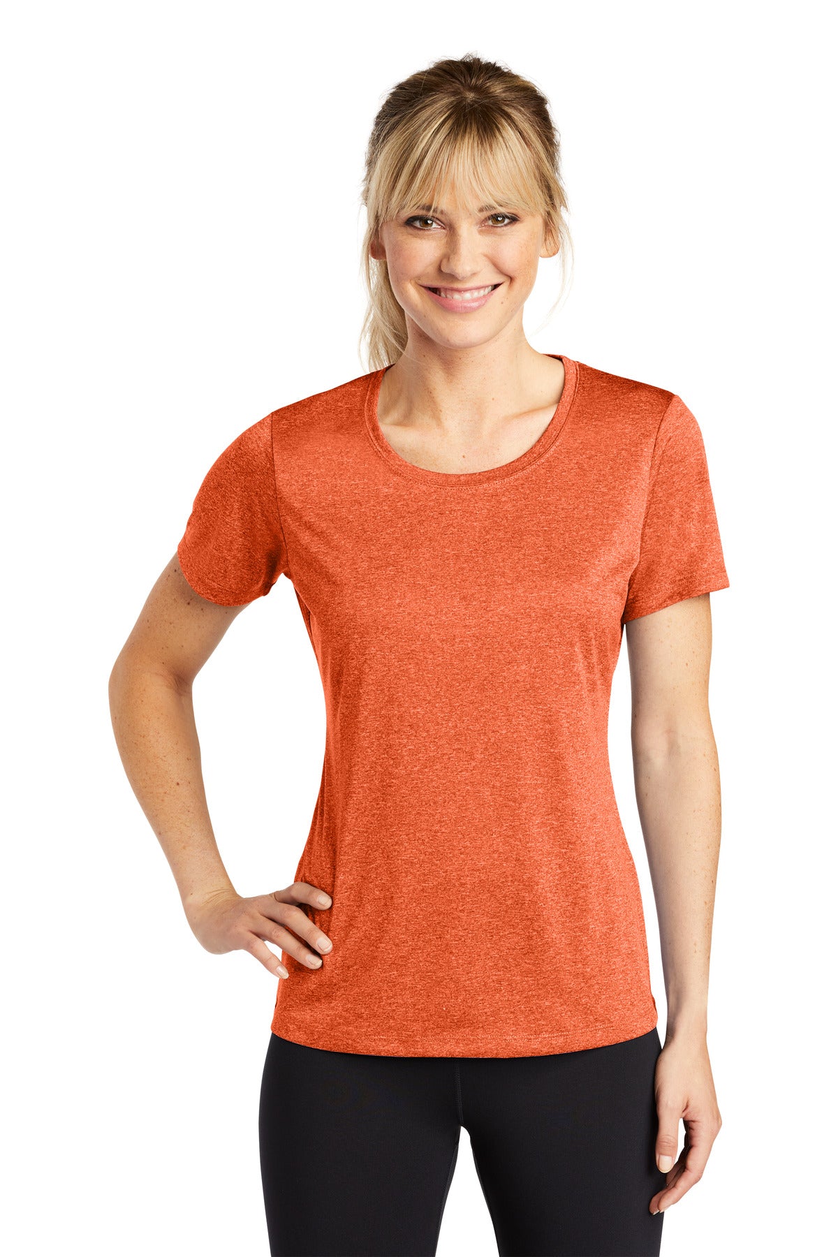 Front View of Dp Orange Hthr Sport-Tek Women's Heather Contender Scoop Neck Tee. LST360