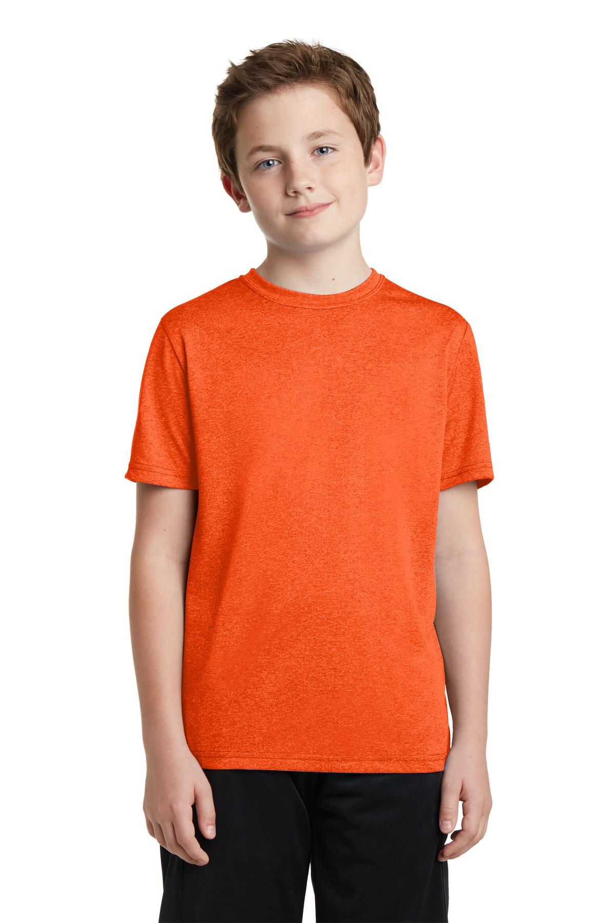 Front View of Dp Orange Hthr Sport-Tek Youth Heather Contender Tee. YST360