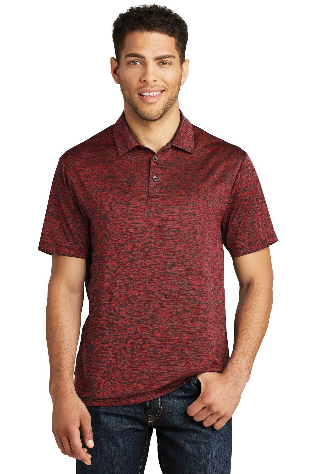 Front View of Dp Red-Black E Sport-Tek PosiCharge Electric Heather Polo. ST590