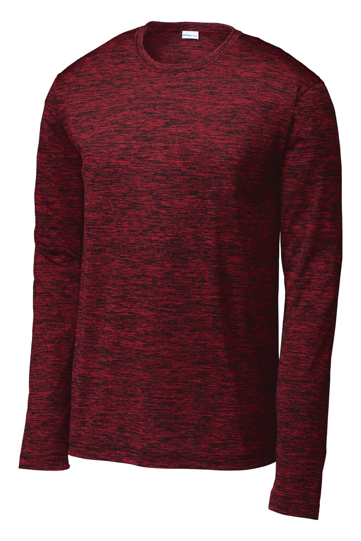 Front View of Dp Red-Blk Ele Sport-Tek PosiCharge Long Sleeve Electric Heather Tee. ST390LS