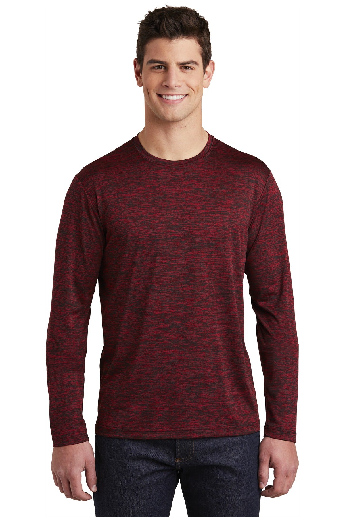 Front View of Dp Red-Blk Ele Sport-Tek PosiCharge Long Sleeve Electric Heather Tee. ST390LS