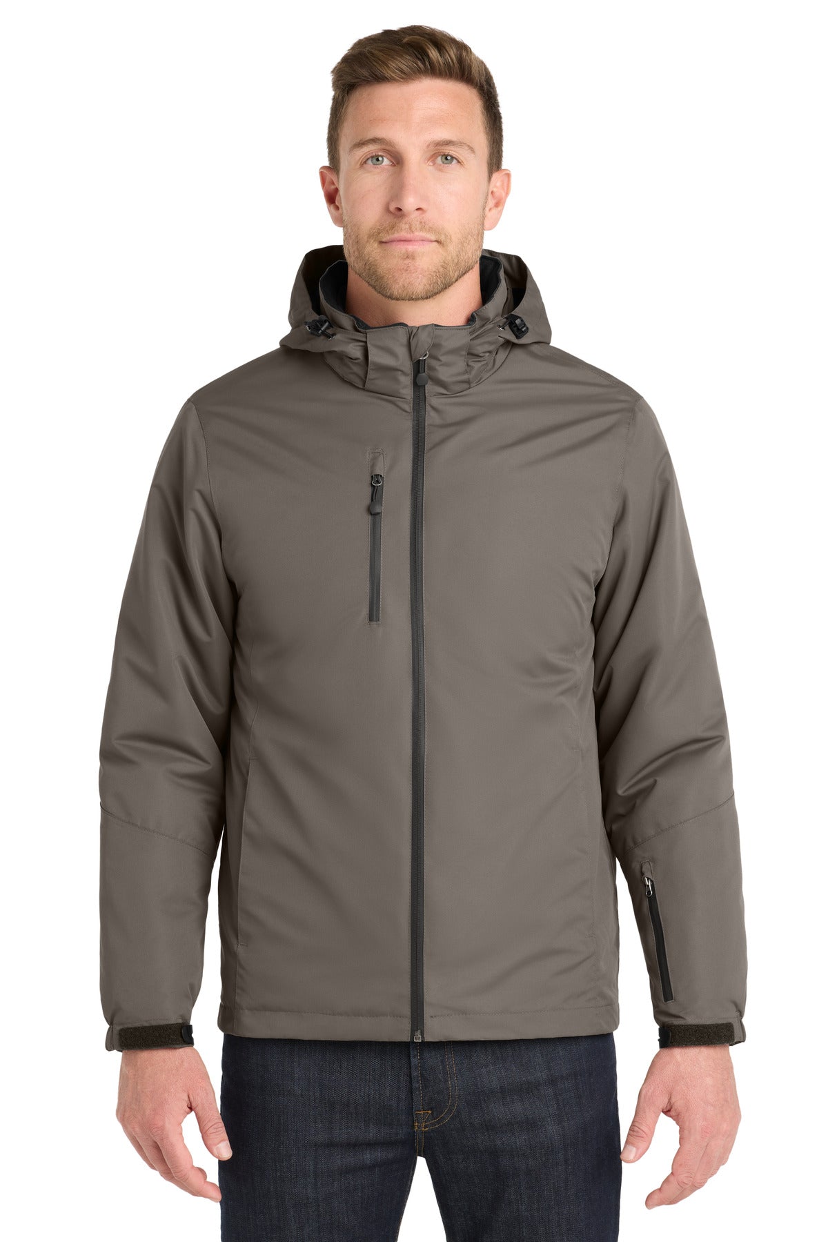 Front View of Dp Smoke/Charc Port Authority Vortex Waterproof 3-in-1 Jacket. J332