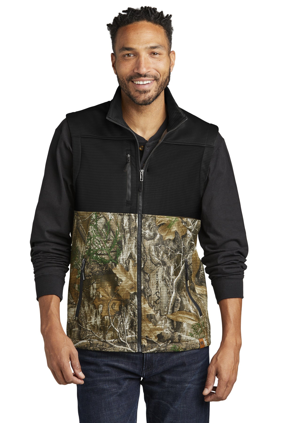 Front View of DpBlk/RTEd Russell Outdoors Realtree Atlas Colorblock Soft Shell Vest RU604