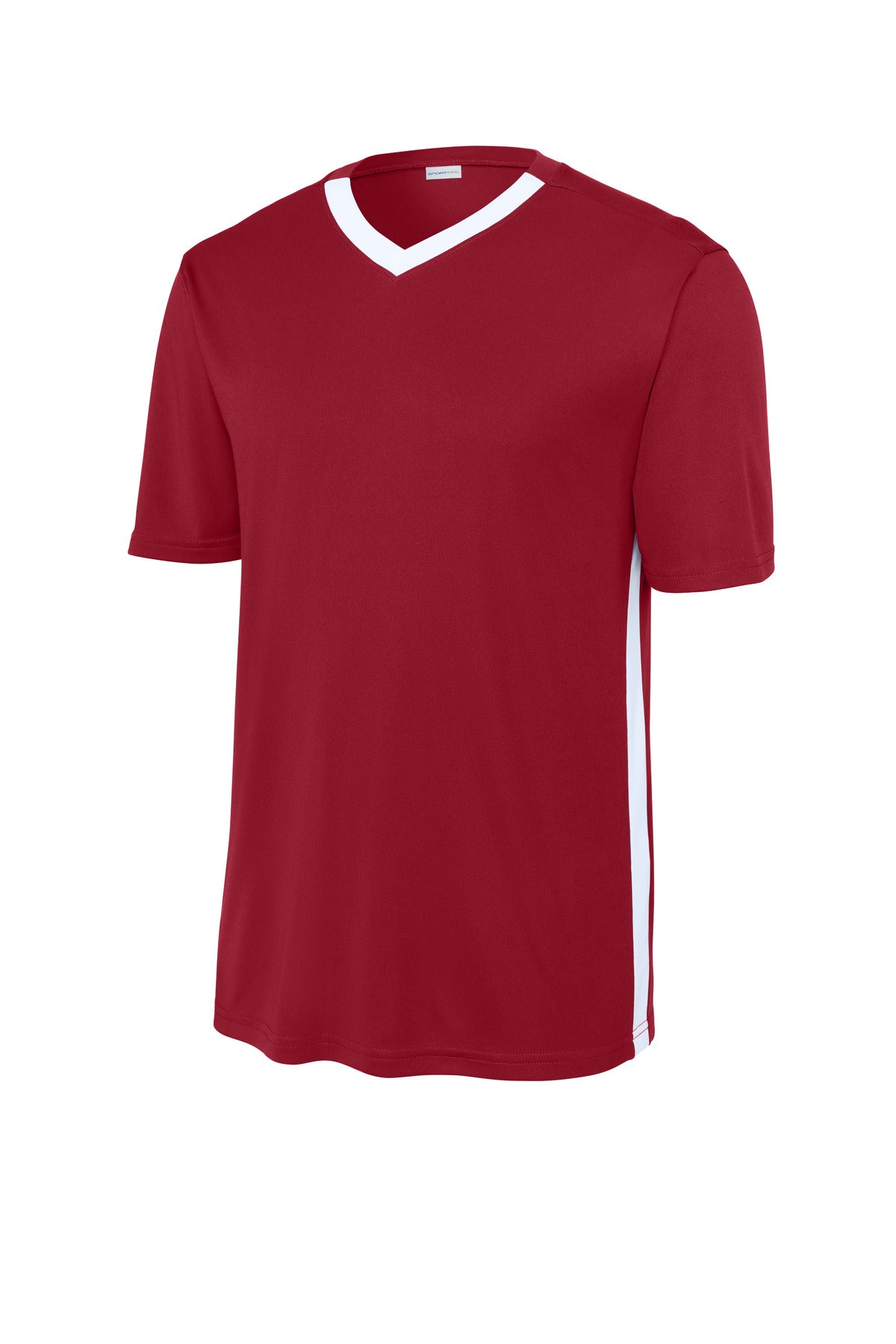 Front View of DpRd/Wht Sport-Tek Competitor United V-Neck ST101