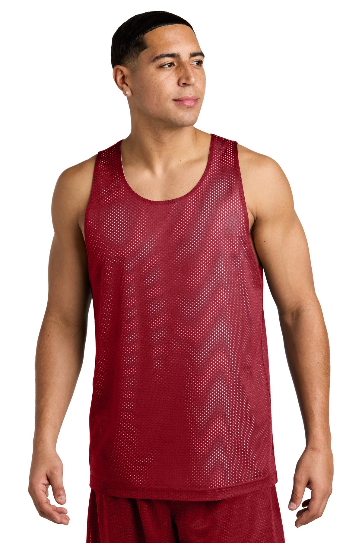Front View of DpRd/Wht Sport-Tek PosiCharge Reversible Mesh Tank ST5000
