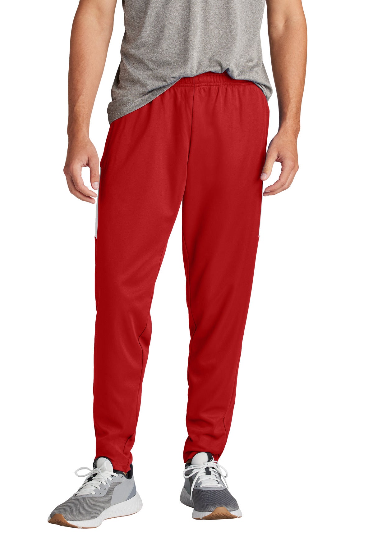 Front View of DpRd/Wht Sport-Tek Travel Pant PST800