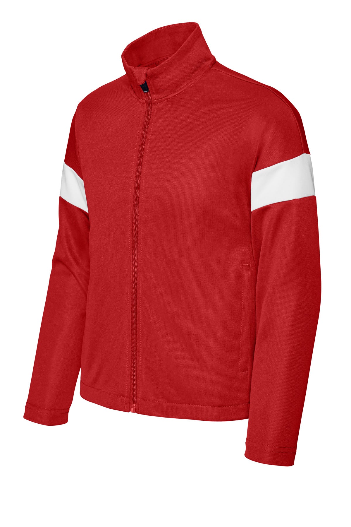 Front View of DpRd/Wht Sport-Tek Youth Travel Full-Zip Jacket YST800