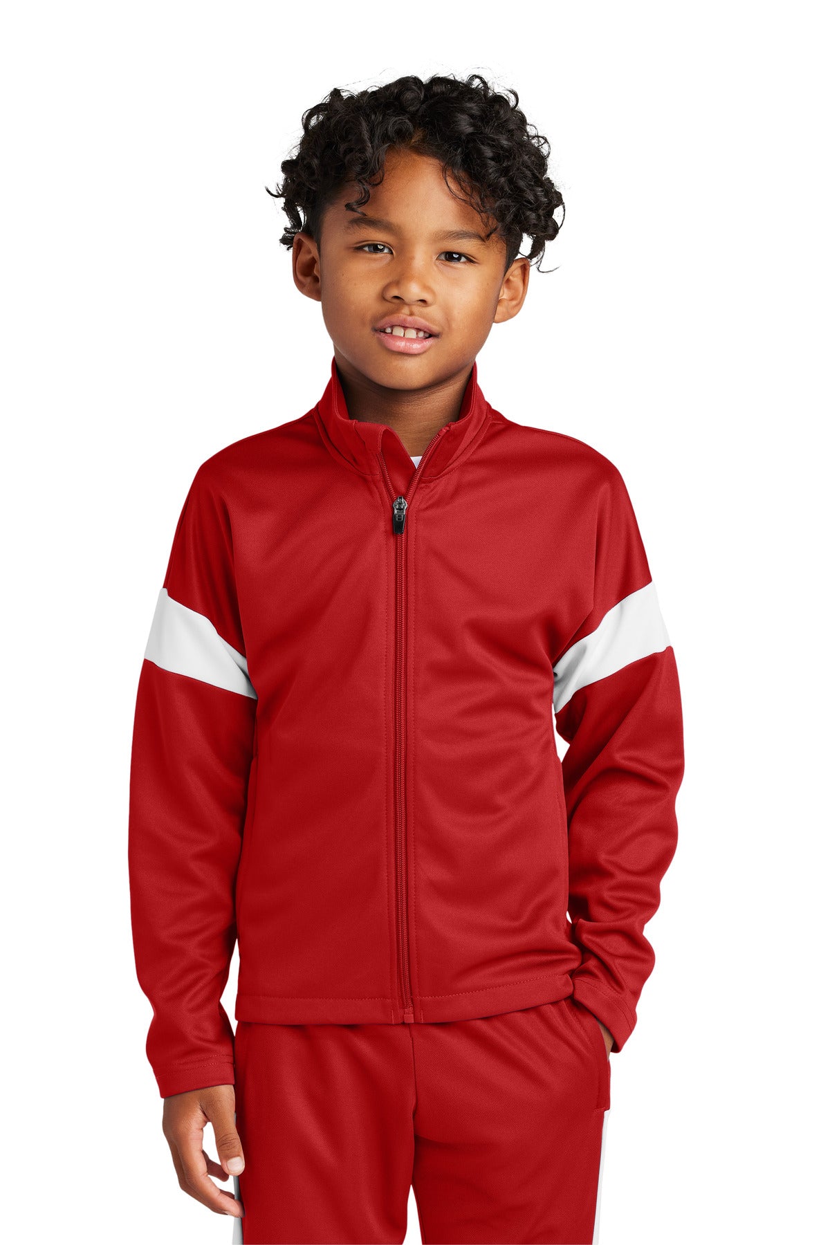 Front View of DpRd/Wht Sport-Tek Youth Travel Full-Zip Jacket YST800