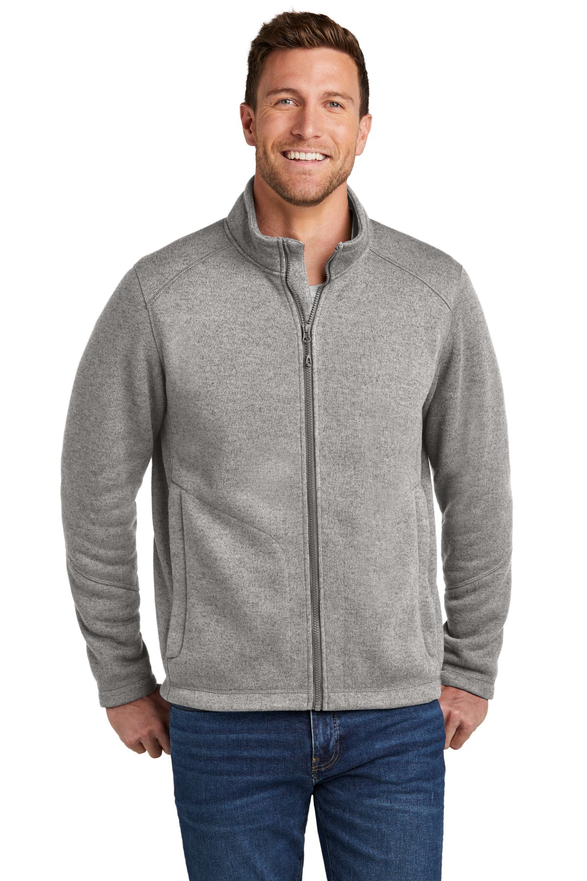 Front View of DpSmkHthr Port Authority Arc Sweater Fleece Jacket F428