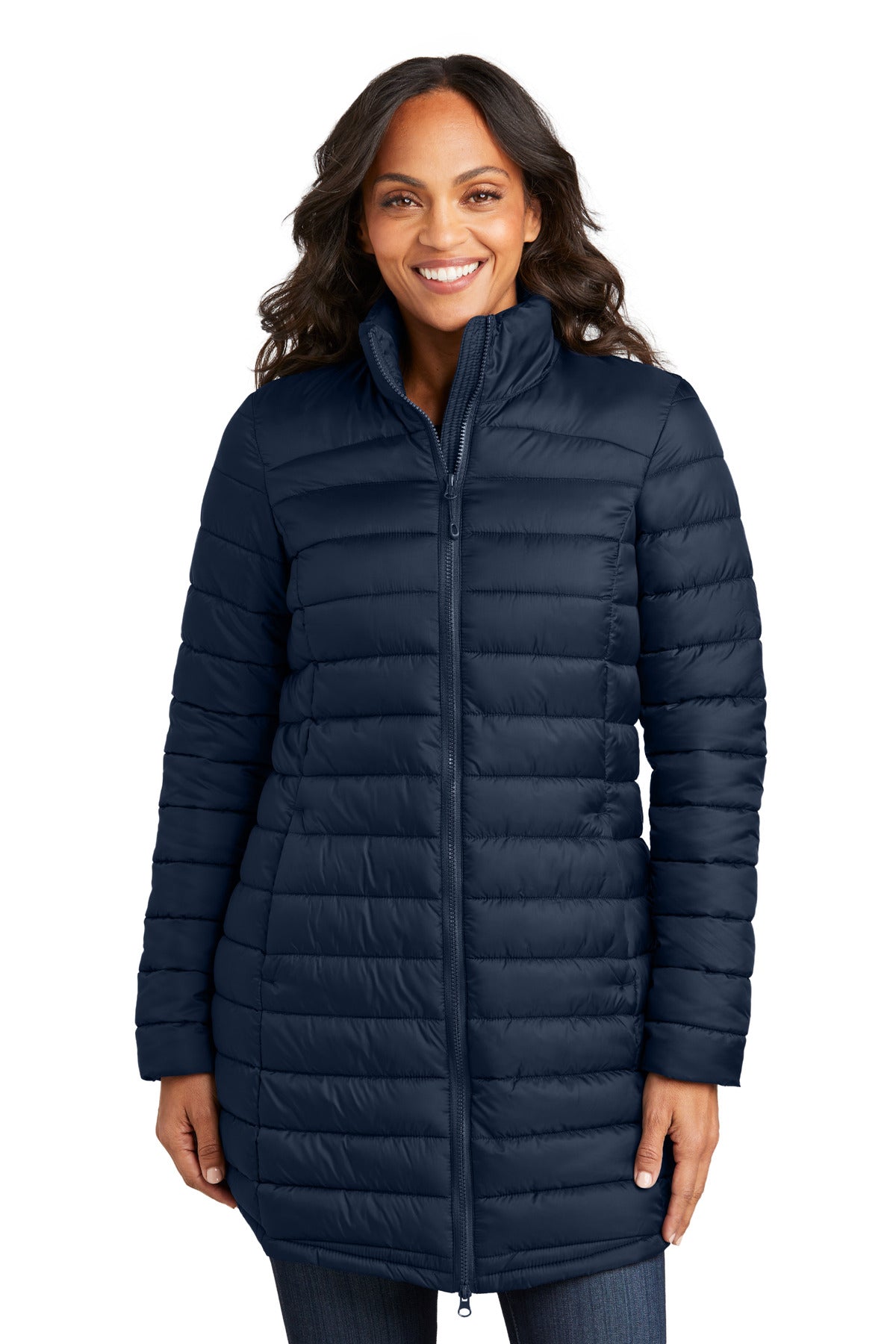 Front View of DsBlNavy Port Authority Women's Horizon Puffy Long Jacket L365