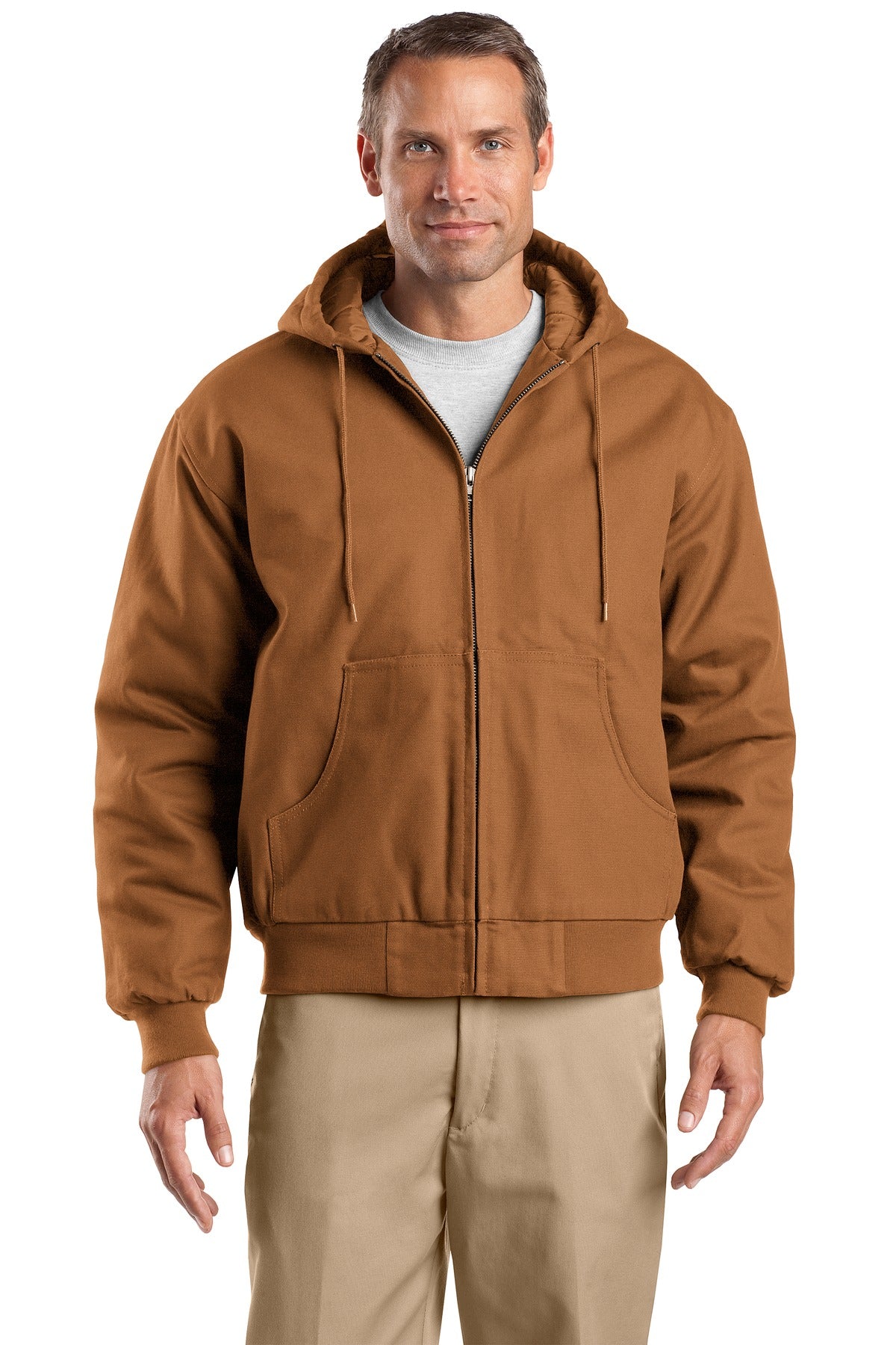 Front View of Duck Brown CornerStone Tall Duck Cloth Hooded Work Jacket. TLJ763H