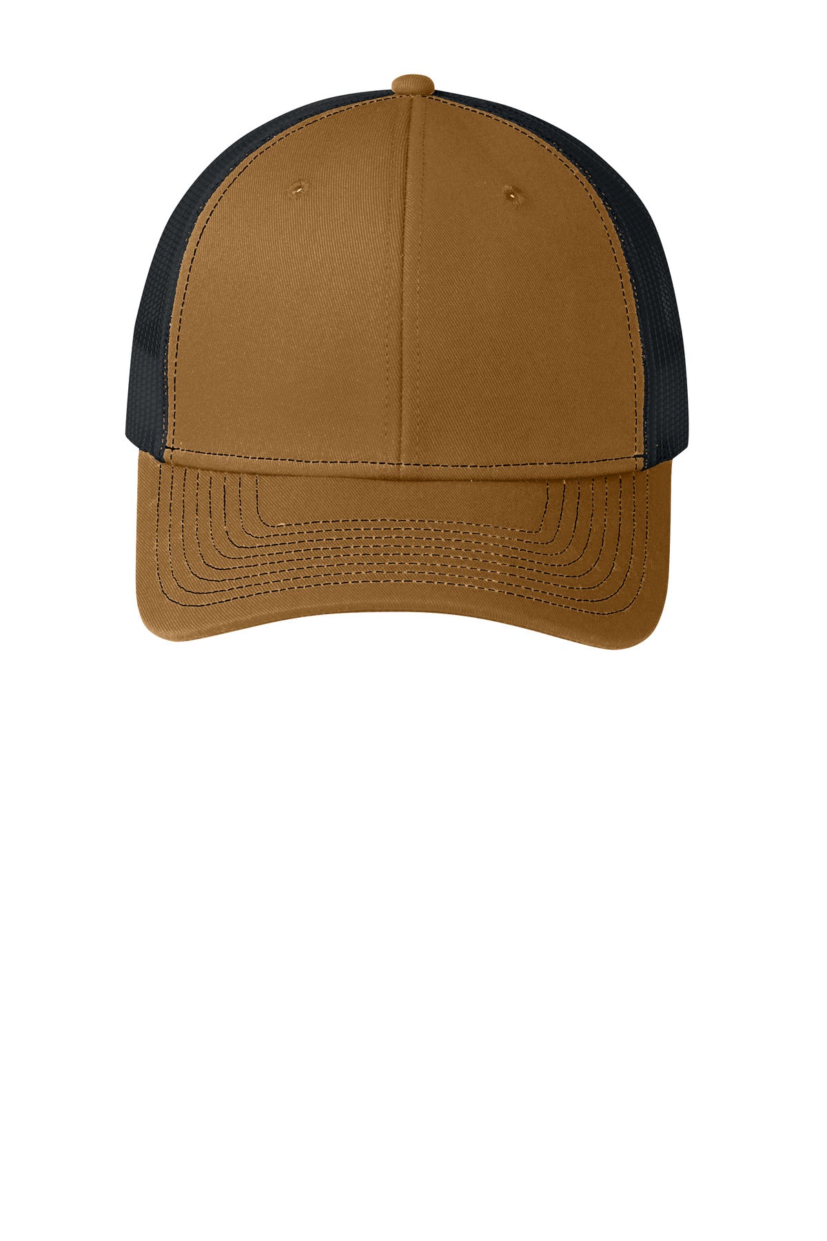 Front View of DuckBrn/Bk Port Authority Snapback Trucker Cap. C112