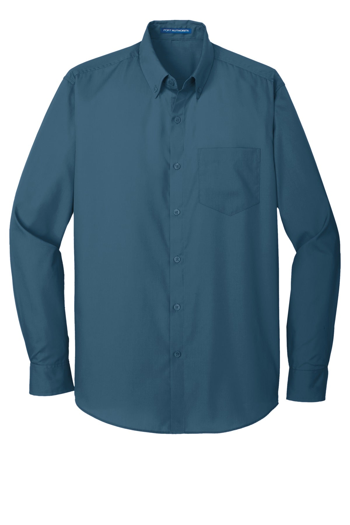 Front View of Dusty Blue Port Authority Long Sleeve Carefree Poplin Shirt. W100