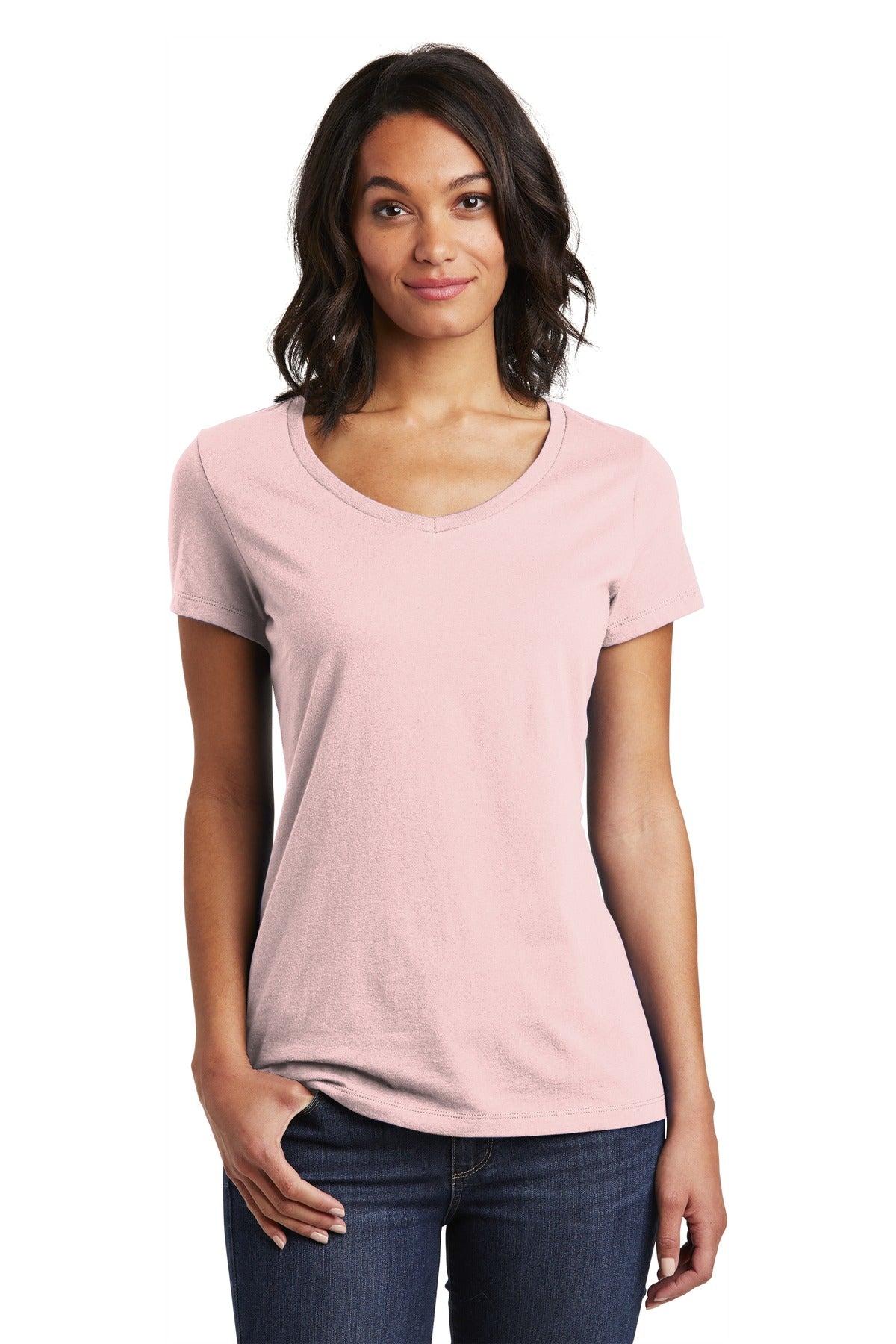 Front View of Dusty Lavender District Women's Very Important Tee V-Neck. DT6503