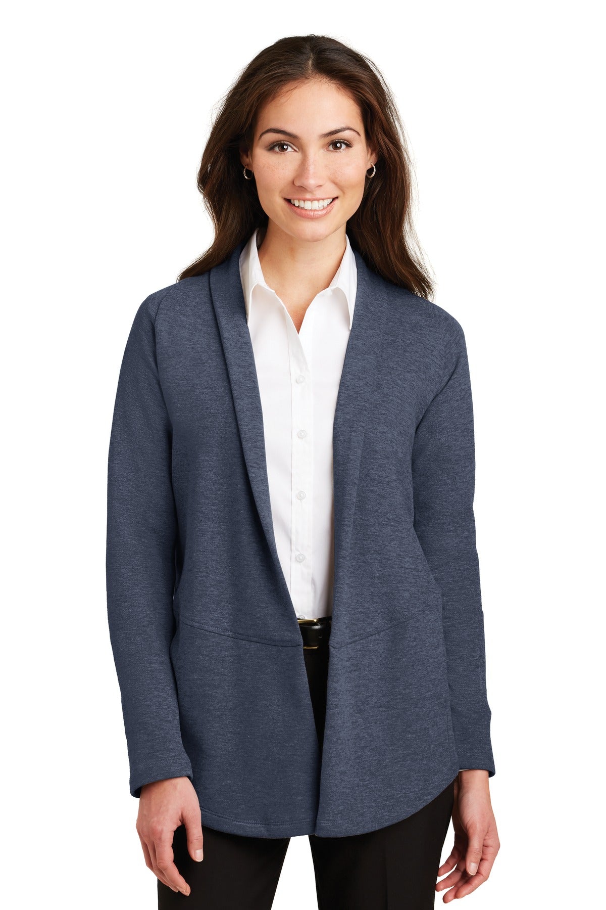 Front View of Est Bl/Char He Port Authority Women's Interlock Cardigan. L807