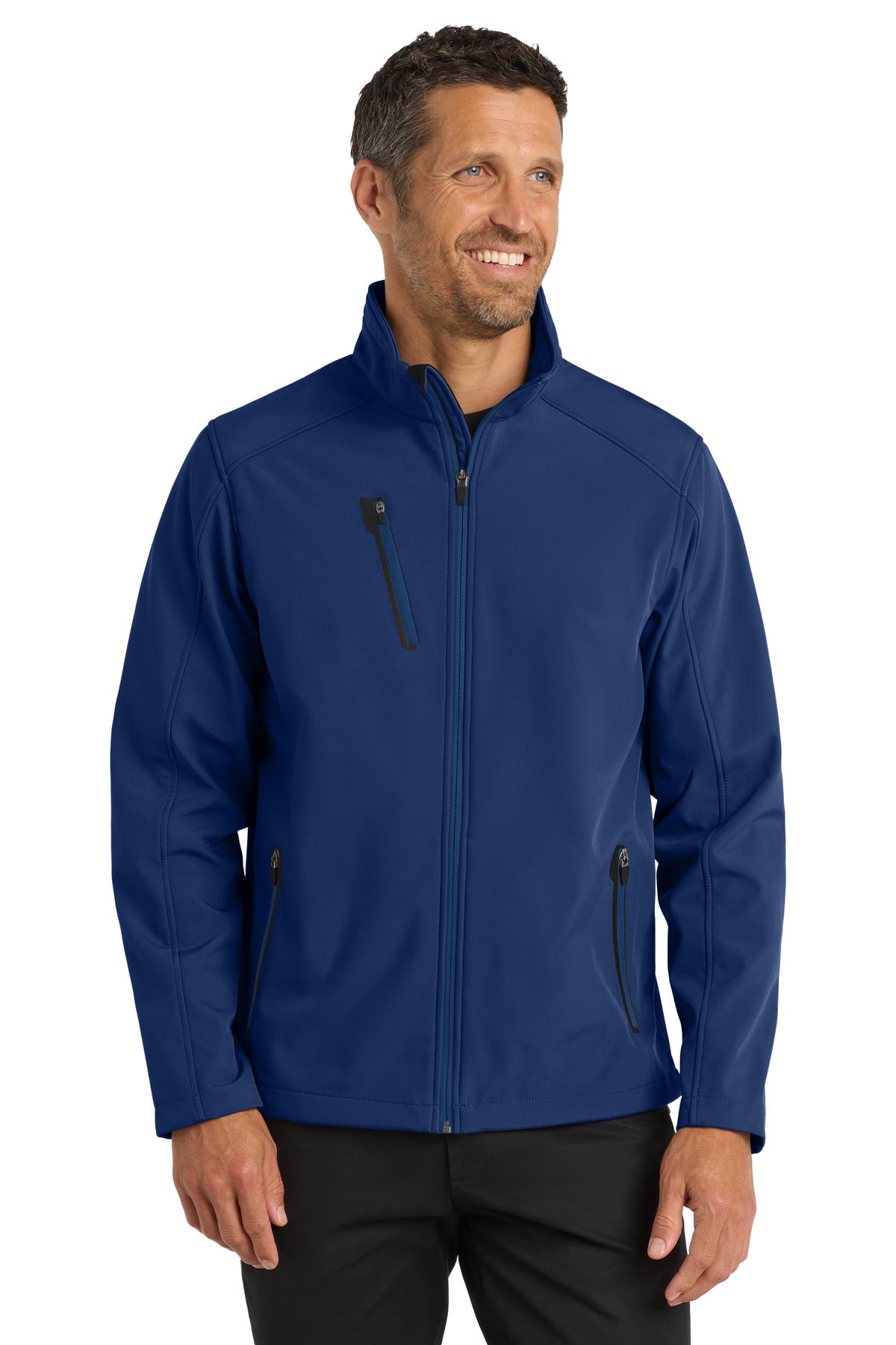 Front View of Estate Blue Port Authority Welded Soft Shell Jacket. J324