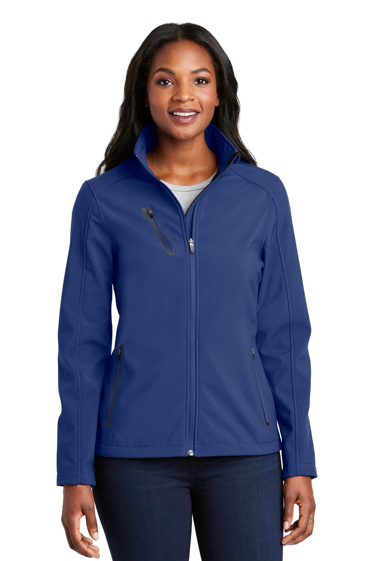 Front View of Estate Blue Port Authority Women's Welded Soft Shell Jacket. L324