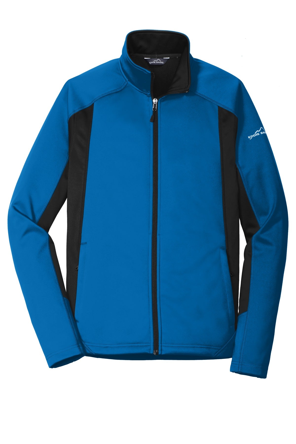 Front View of Exped Blue/Blk Eddie Bauer Trail Soft Shell Jacket. EB542
