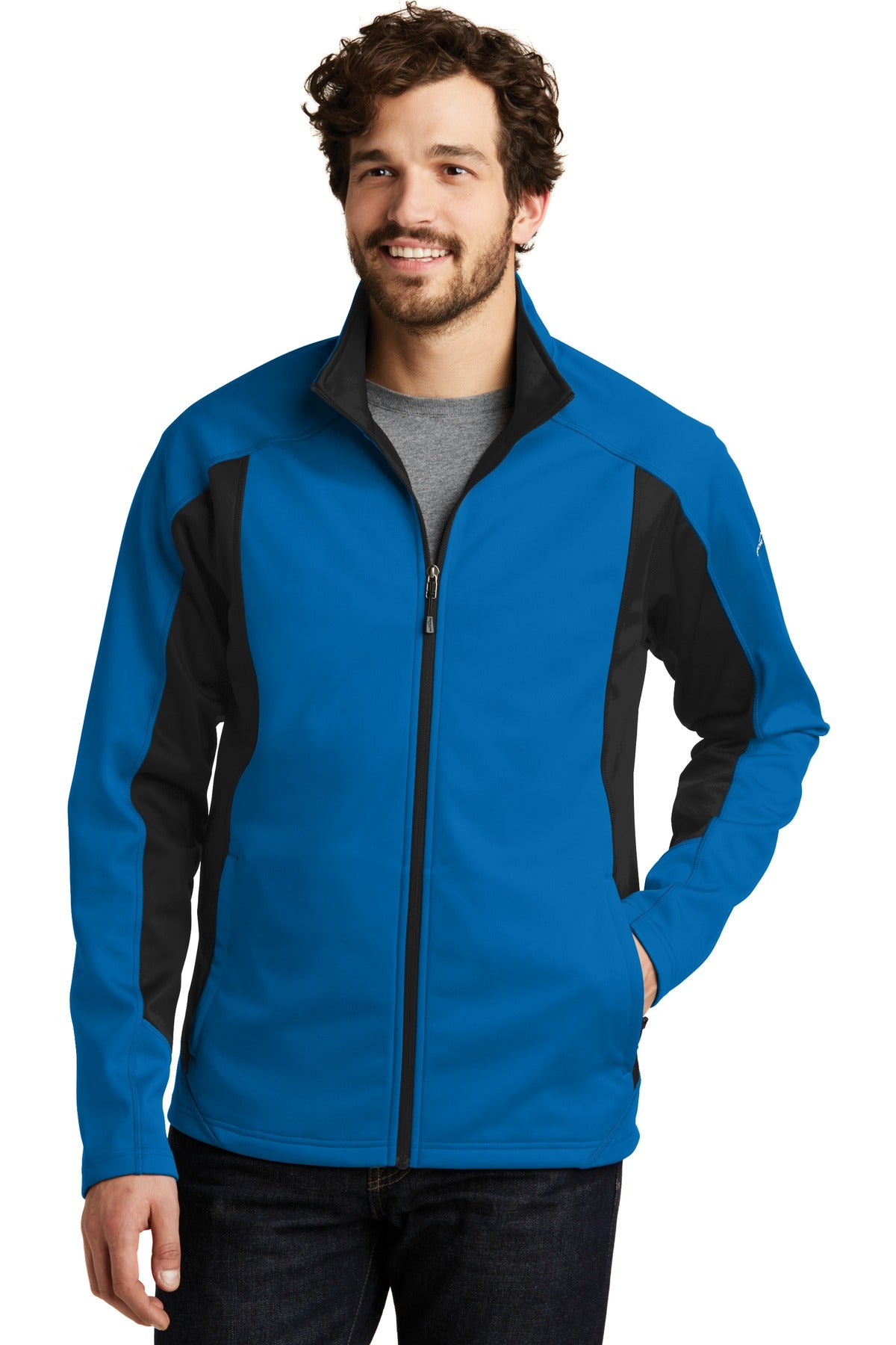Front View of Exped Blue/Blk Eddie Bauer Trail Soft Shell Jacket. EB542