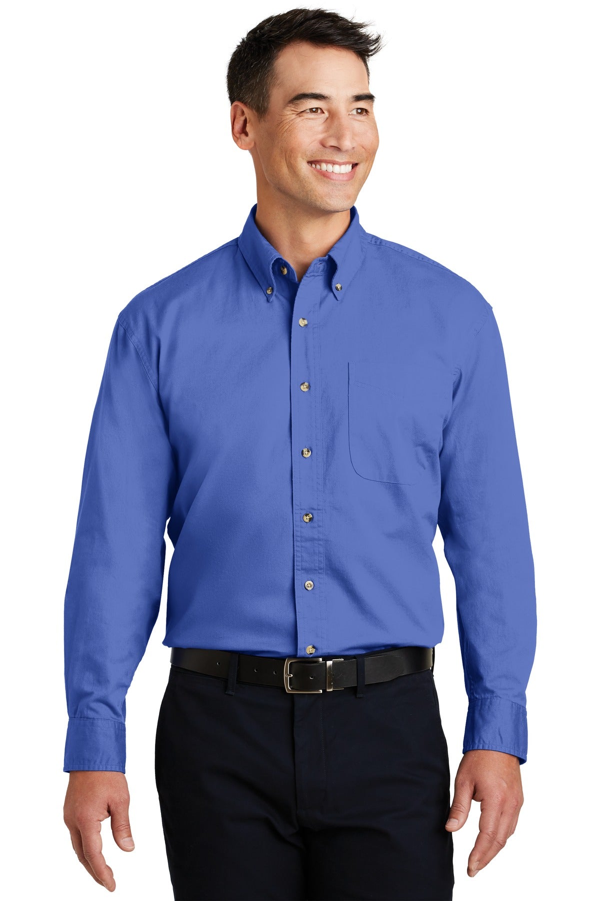 Front View of Faded Blue Port Authority Long Sleeve Twill Shirt. S600T