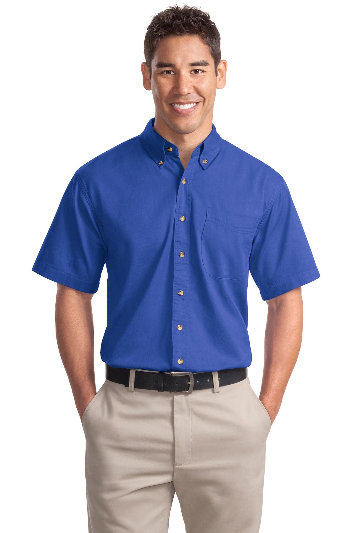 Front View of Faded Blue Port Authority Short Sleeve Twill Shirt. S500T