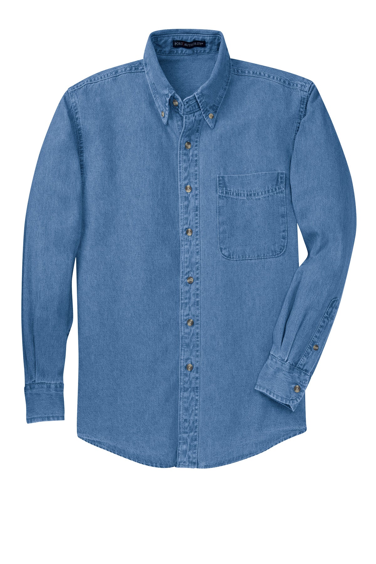 Front View of Faded Denim Port Authority Tall Long Sleeve Denim Shirt. TLS600