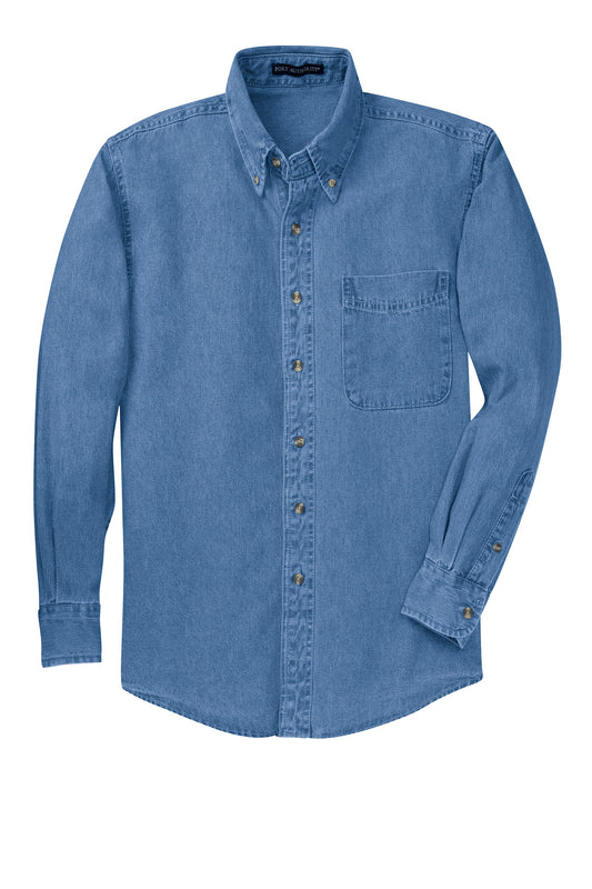 Front View of Faded Denim Port Authority Tall Long Sleeve Denim Shirt. TLS600