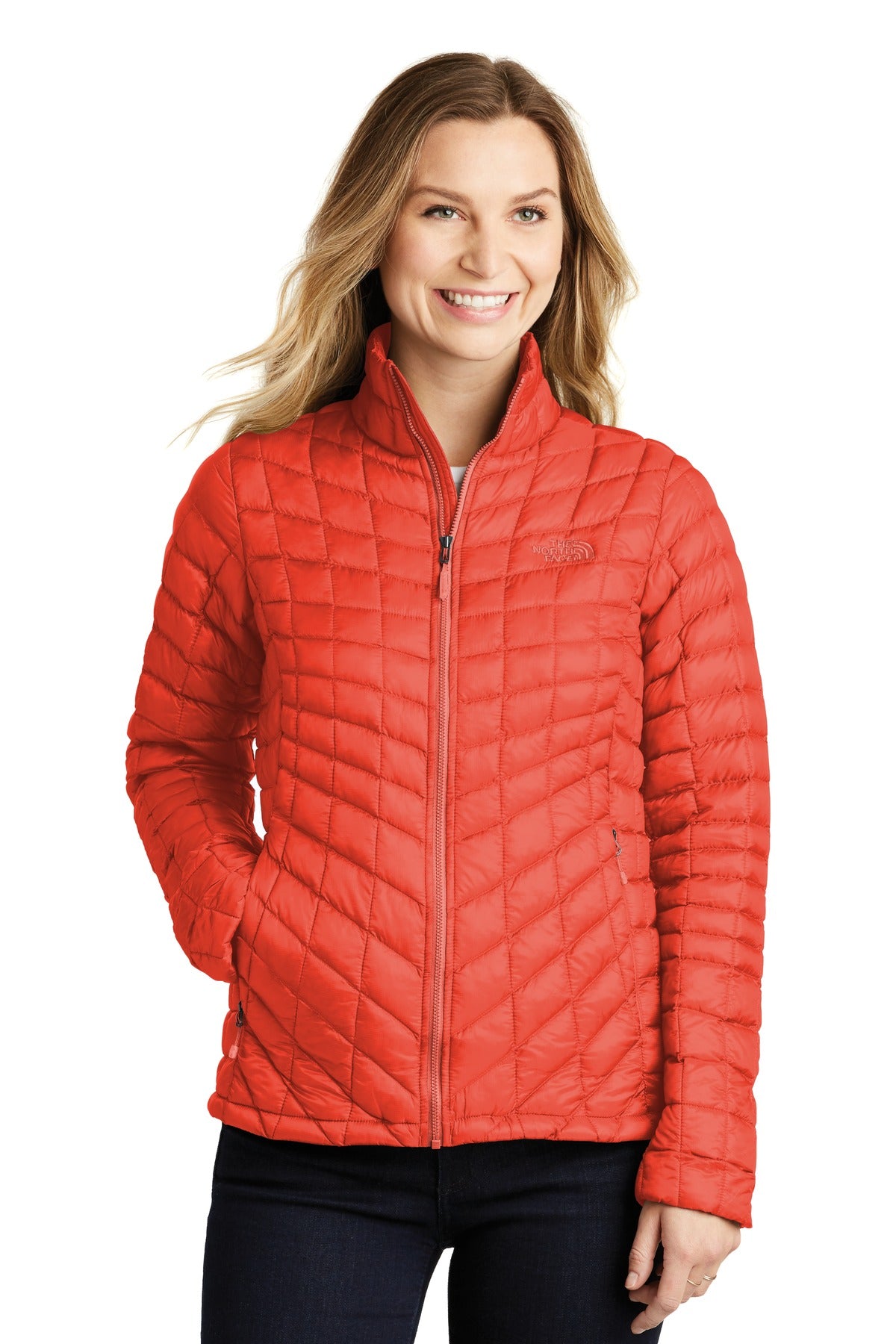 Front View of Fire Brick Red The North Face Women's ThermoBall Trekker Jacket. NF0A3LHK