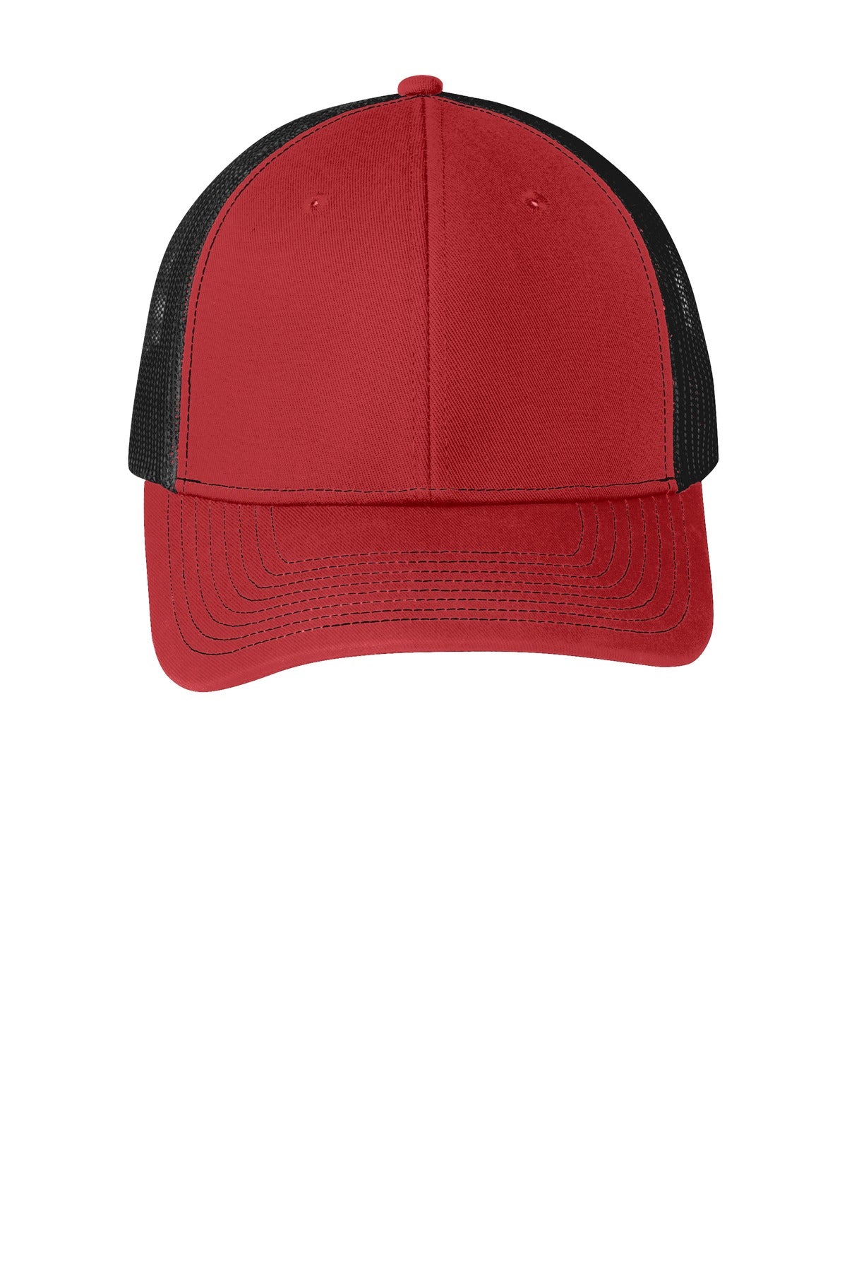 Front View of Flame Red/Blk Port Authority Snapback Trucker Cap. C112
