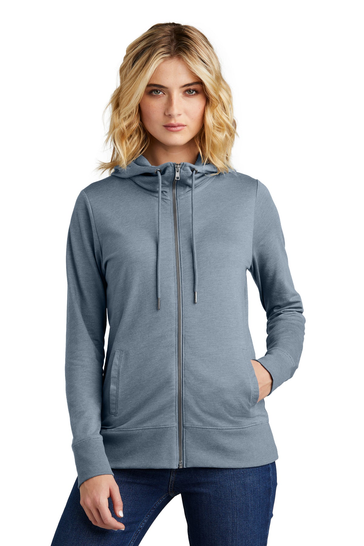 Front View of FlntBluHtr District Women's Featherweight French Terry Full-Zip Hoodie DT673