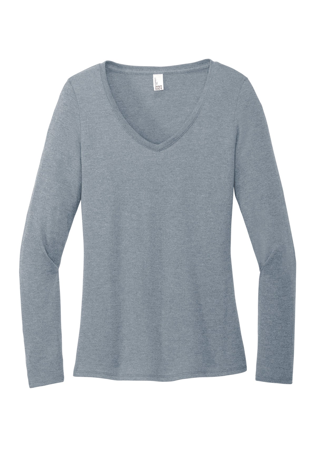 Front View of FlntBluHtr District Women's Perfect Tri Long Sleeve V-Neck Tee DT135