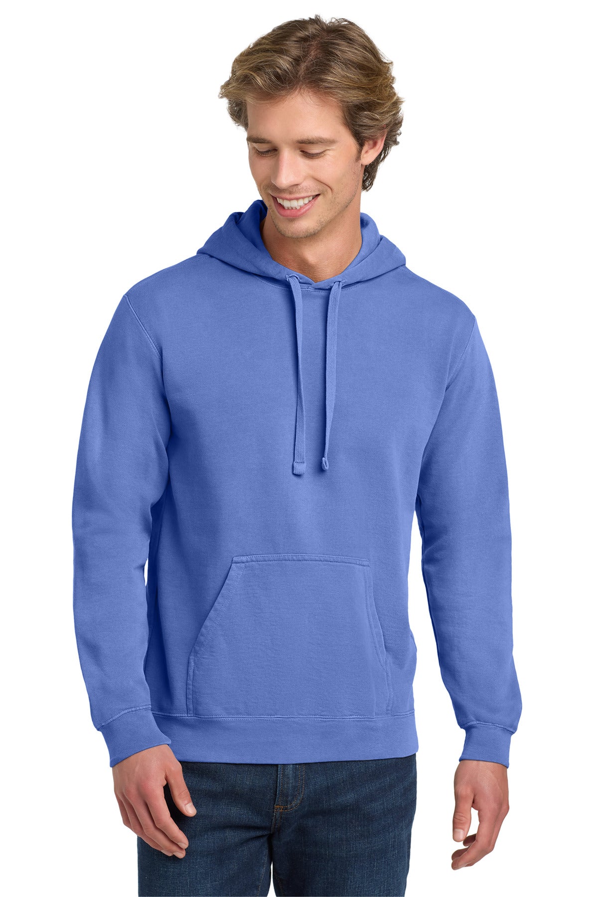 Front View of Flo Blue COMFORT COLORS Ring Spun Hooded Sweatshirt. 1567