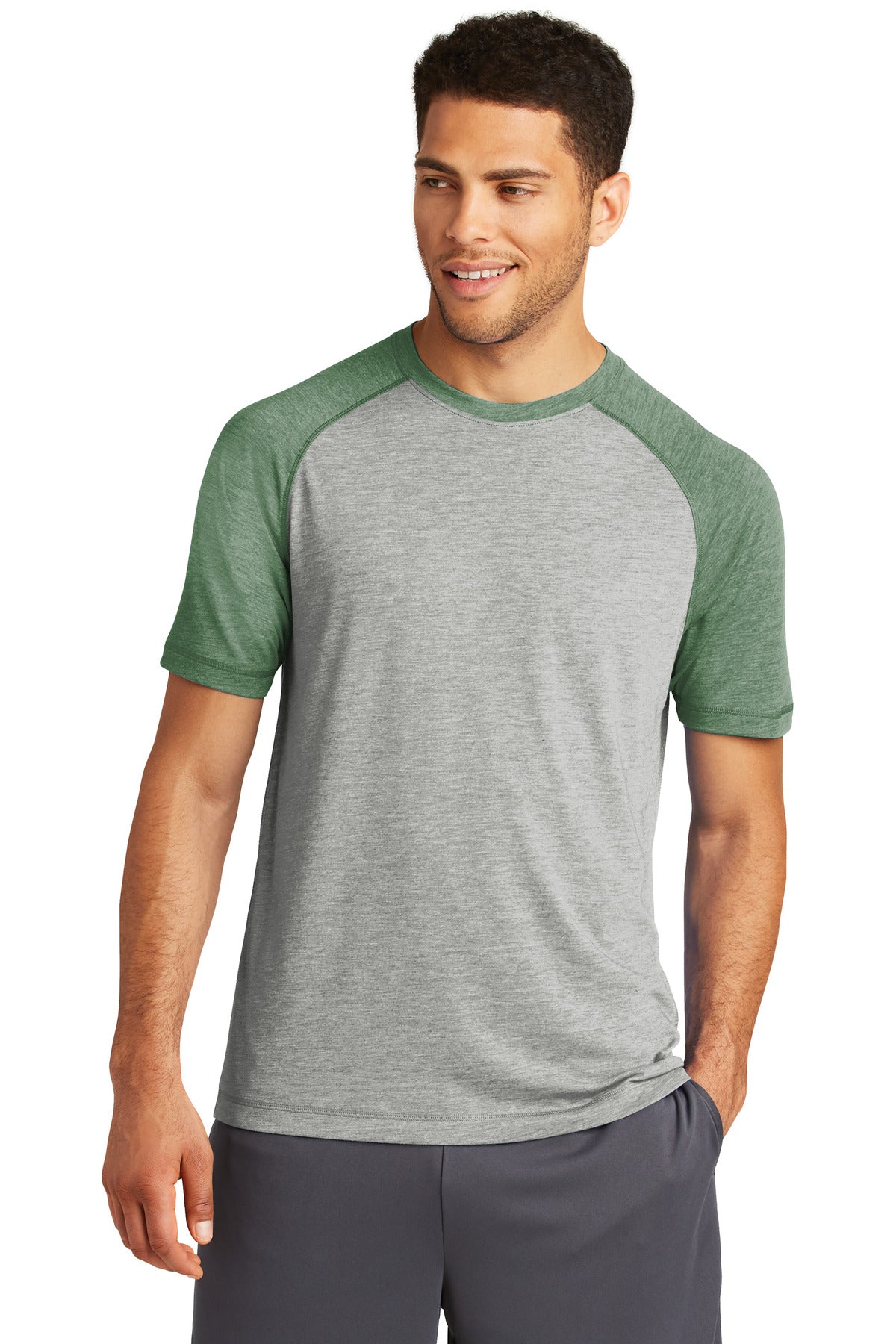 Front View of For Grn He/LGH Sport-Tek PosiCharge Tri-Blend Wicking Raglan Tee. ST400