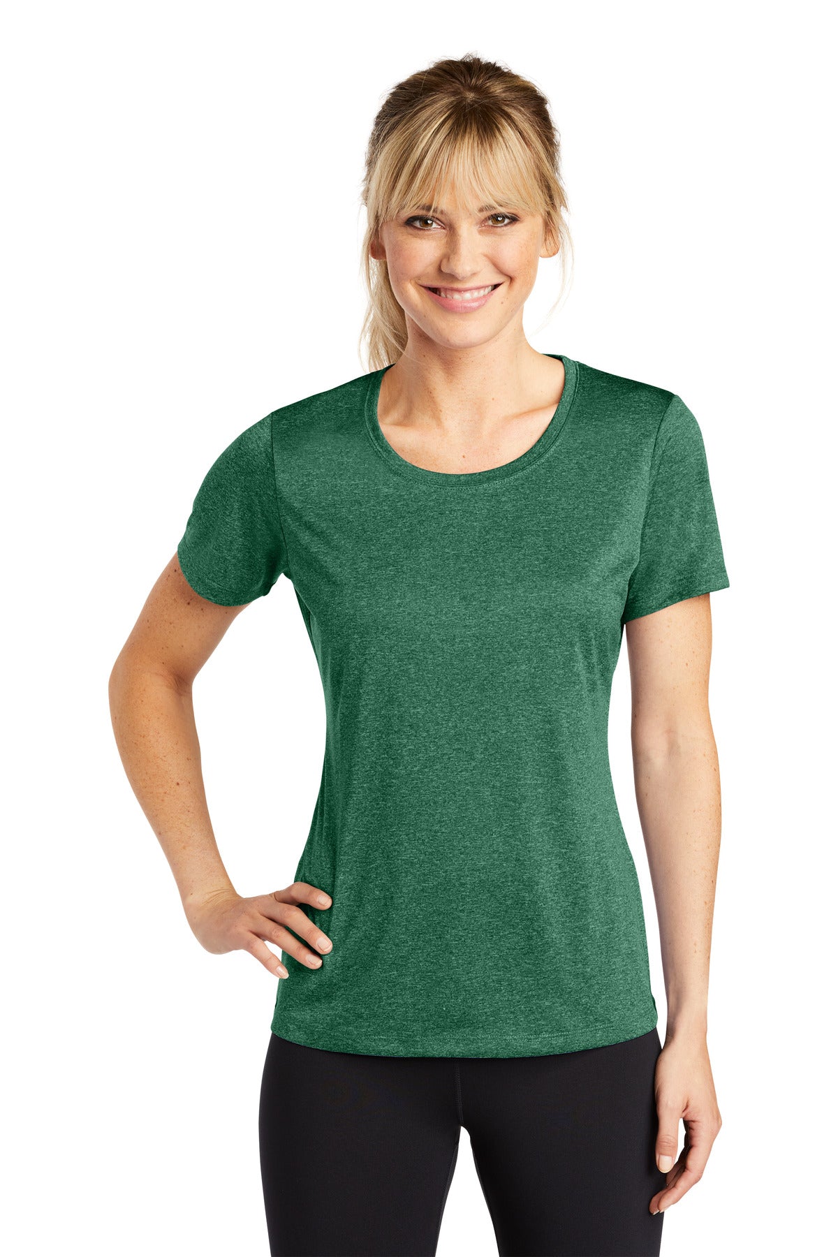Front View of For Grn Hthr Sport-Tek Women's Heather Contender Scoop Neck Tee. LST360