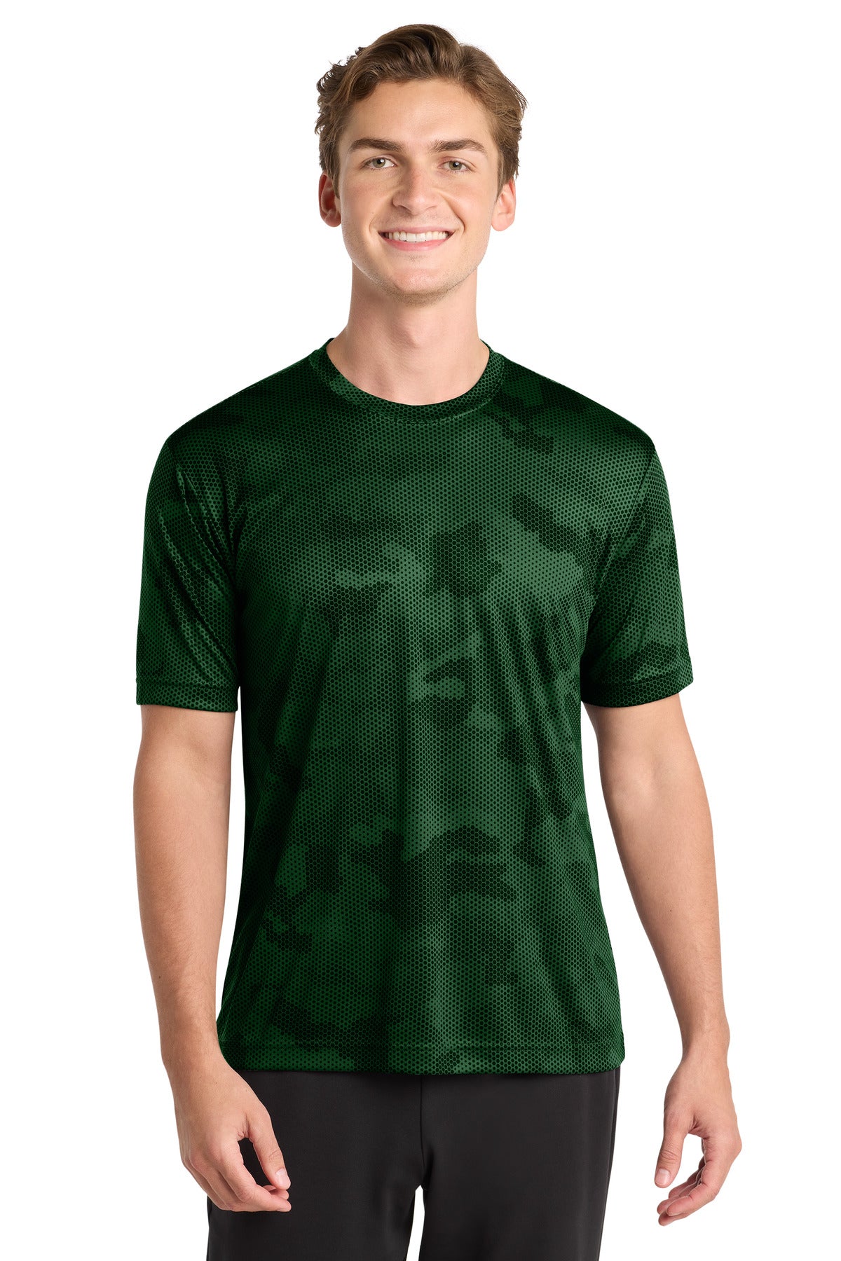 Front View of Forest Green Sport-Tek CamoHex Tee. ST370