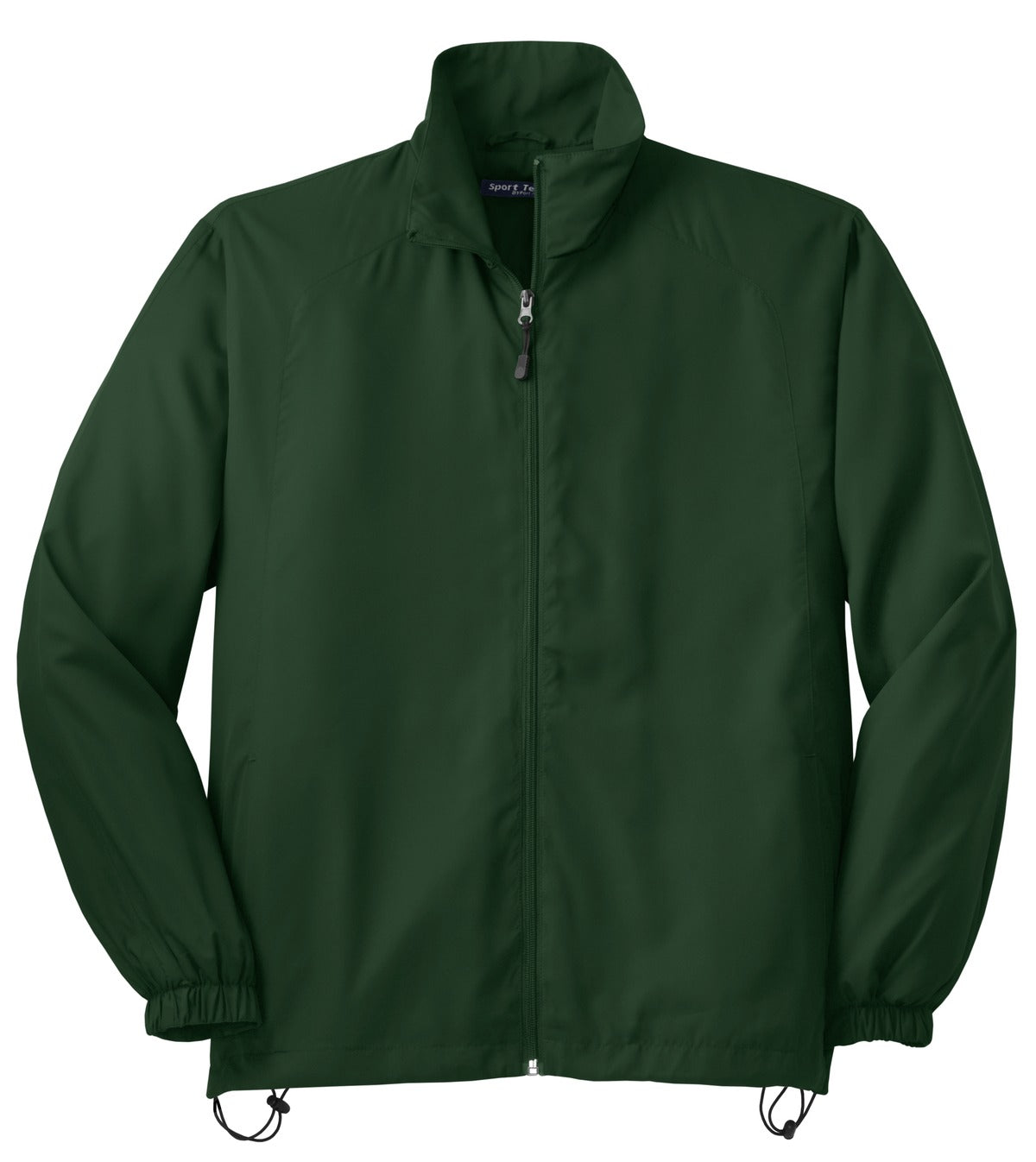 Front View of Forest Green Sport-Tek Full-Zip Wind Jacket. JST70