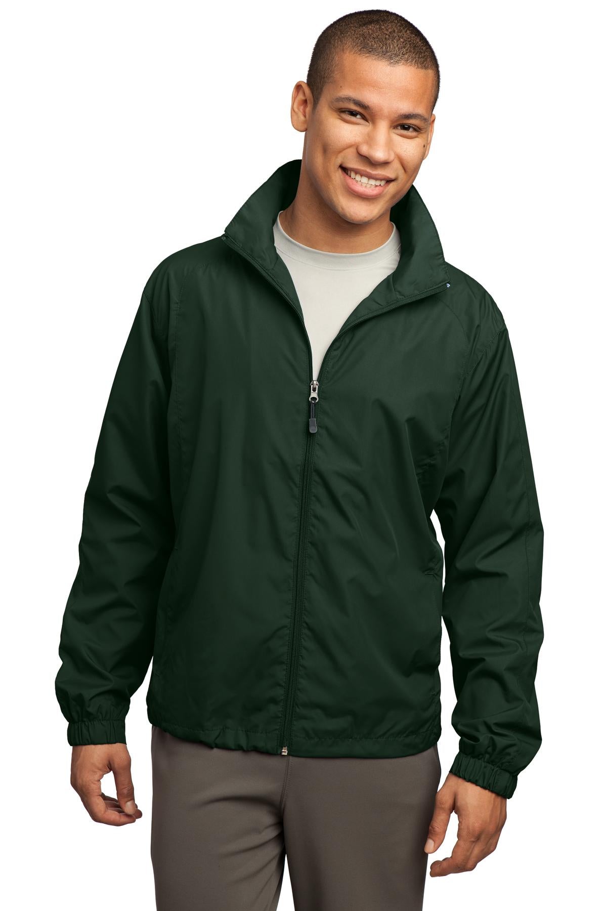 Front View of Forest Green Sport-Tek Full-Zip Wind Jacket. JST70