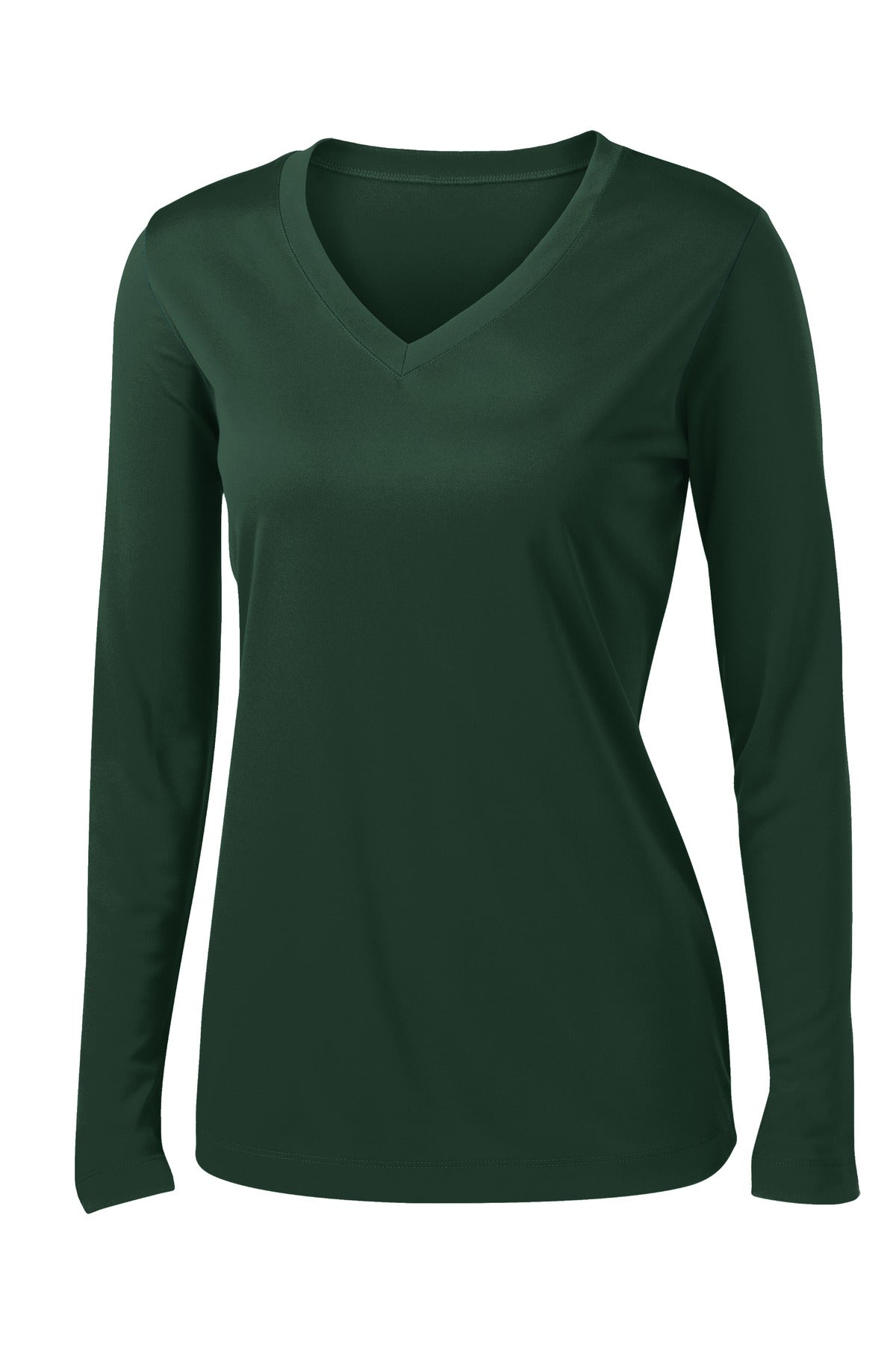 Front View of Forest Green Sport-Tek Women's Long Sleeve PosiCharge Competitor V-Neck Tee. LST353LS