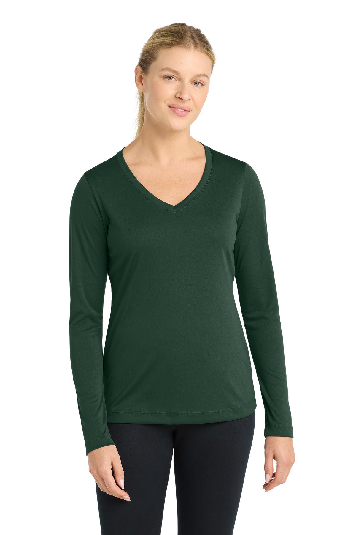 Front View of Forest Green Sport-Tek Women's Long Sleeve PosiCharge Competitor V-Neck Tee. LST353LS